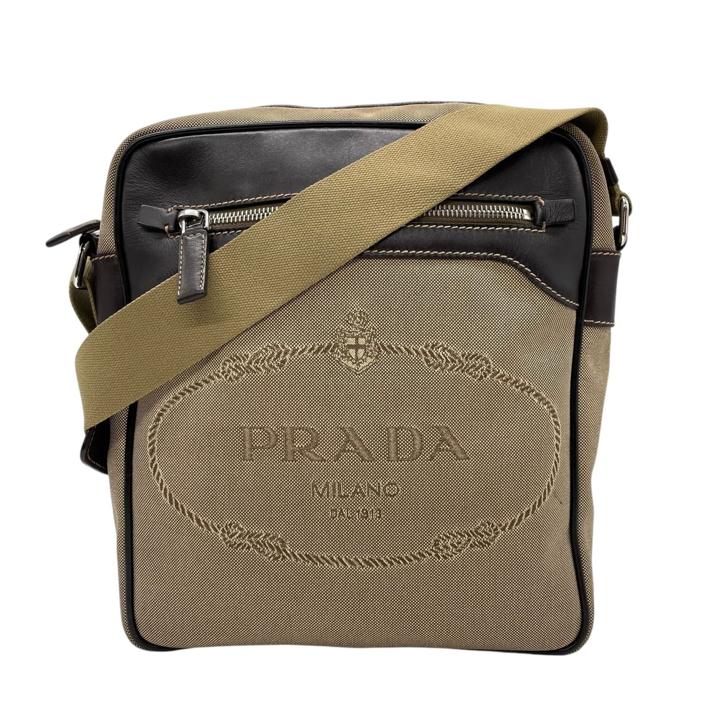 美品 PRADA プラダ ショルダーバッグ ジャガード VA0644 キャンバス レザー ベージュ ブラウン シルバー金具 斜め掛け可 クロスボディ ロゴ メンズ レディース Q