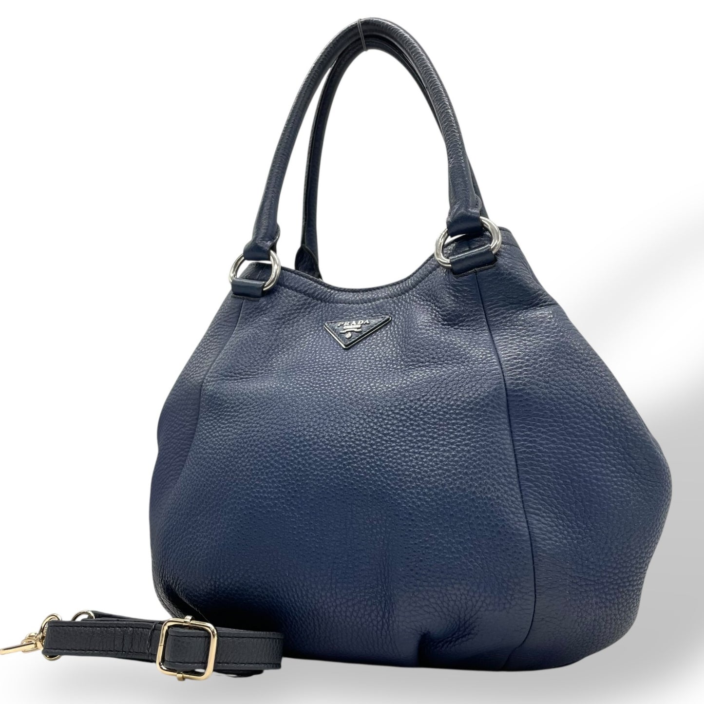 美品 PRADA プラダ 2WAY ハンドバッグ ショルダーバッグ レザー ネイビーブルー ヴィッテロ シルバー金具 B2343M 三角ロゴ 斜め掛け可 手提げ レディース Z4