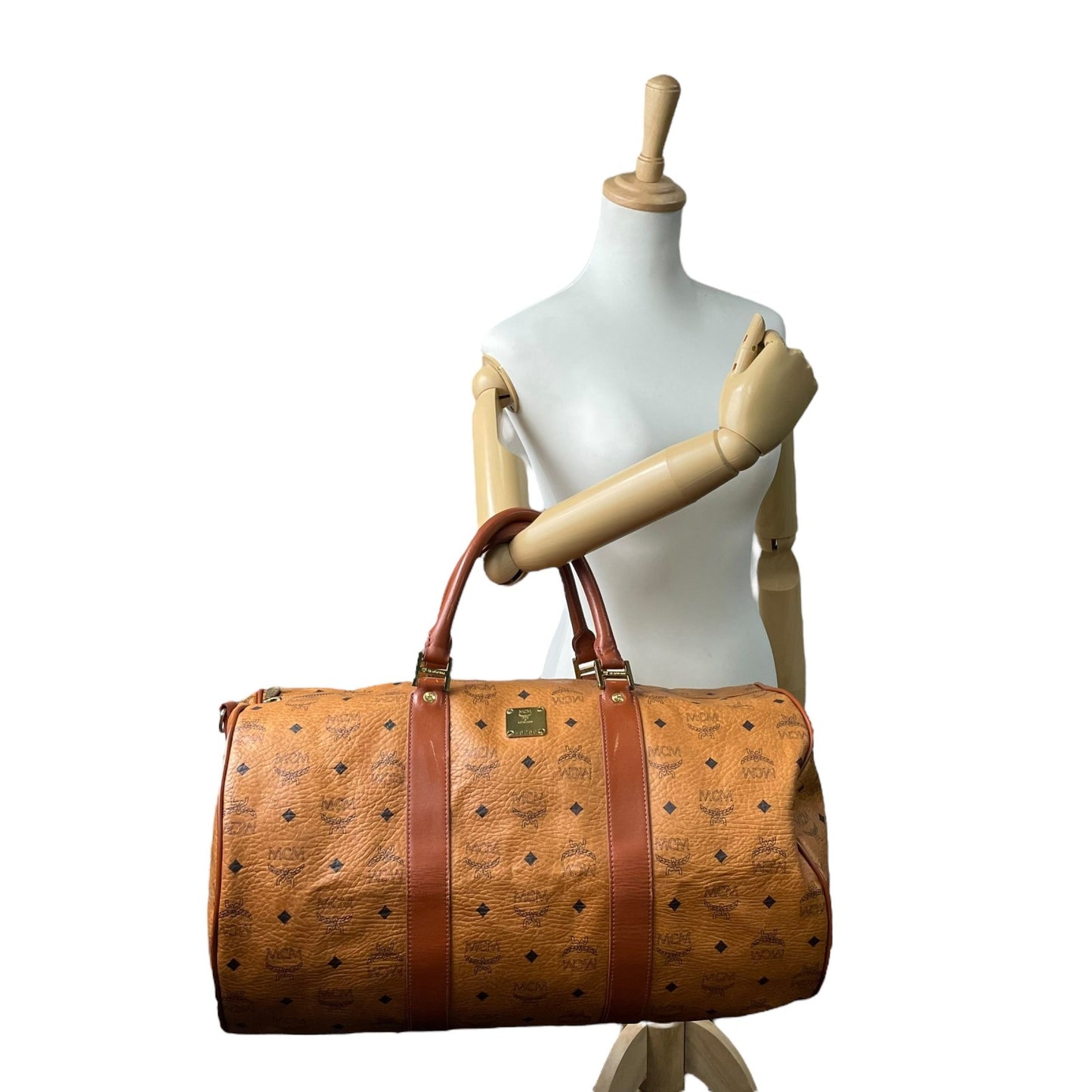 美品 MCM エムシーエム ヴィセトス ボストンバッグ 2WAY ショルダーバッグ 茶 ブラウン コニャック レザー ゴールド金具 手提げ 斜め掛け可 ロゴ レディース X