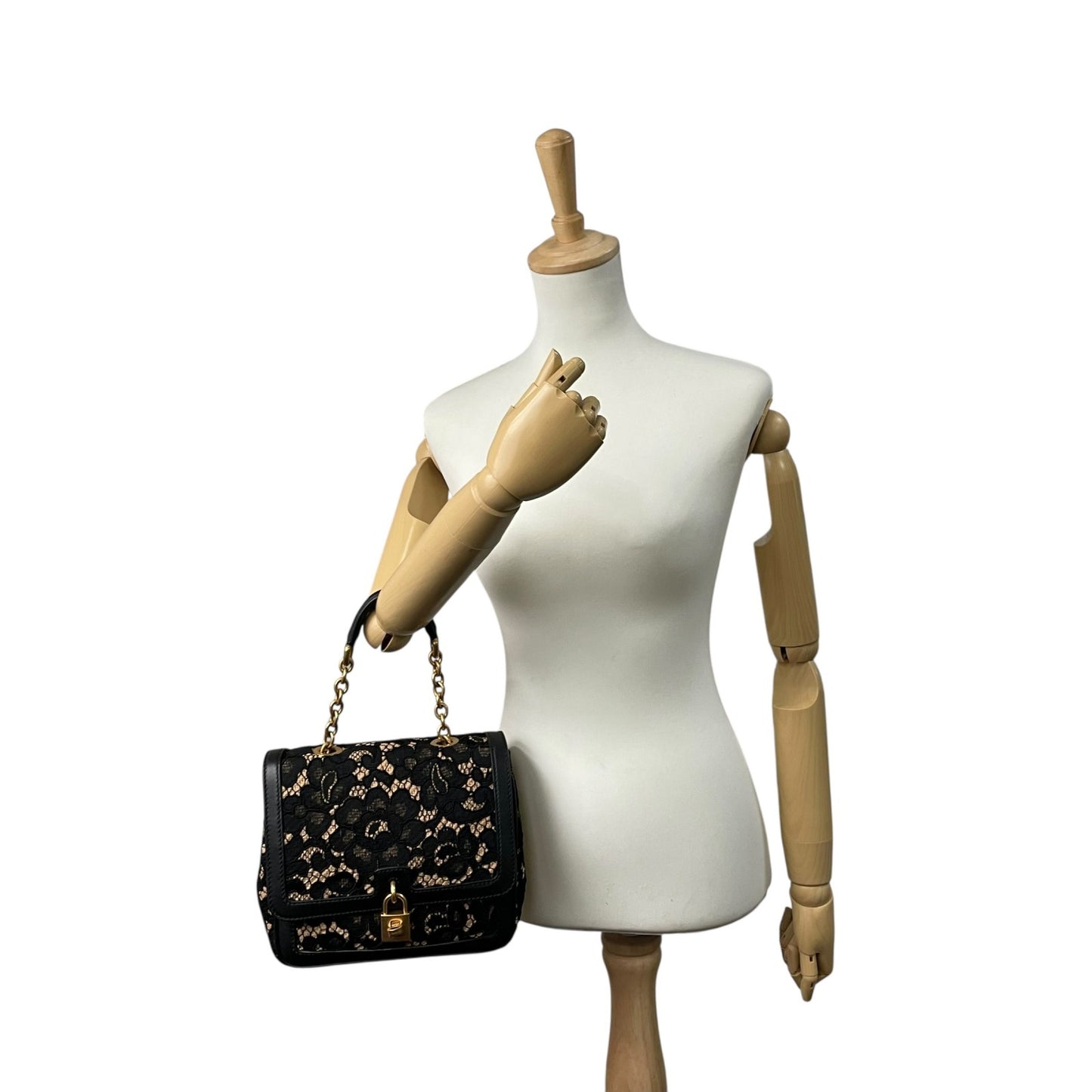 極美品 DOLCE&GABBANA ドルチェ＆ガッバーナ ドルガバ Miss Dolce 2WAY ハンドバッグ ショルダーバッグ レース レザー ベージュ ブラック 黒 レディース D&G ゴールド金具 パドロック 斜め掛け可 内側レオパード C