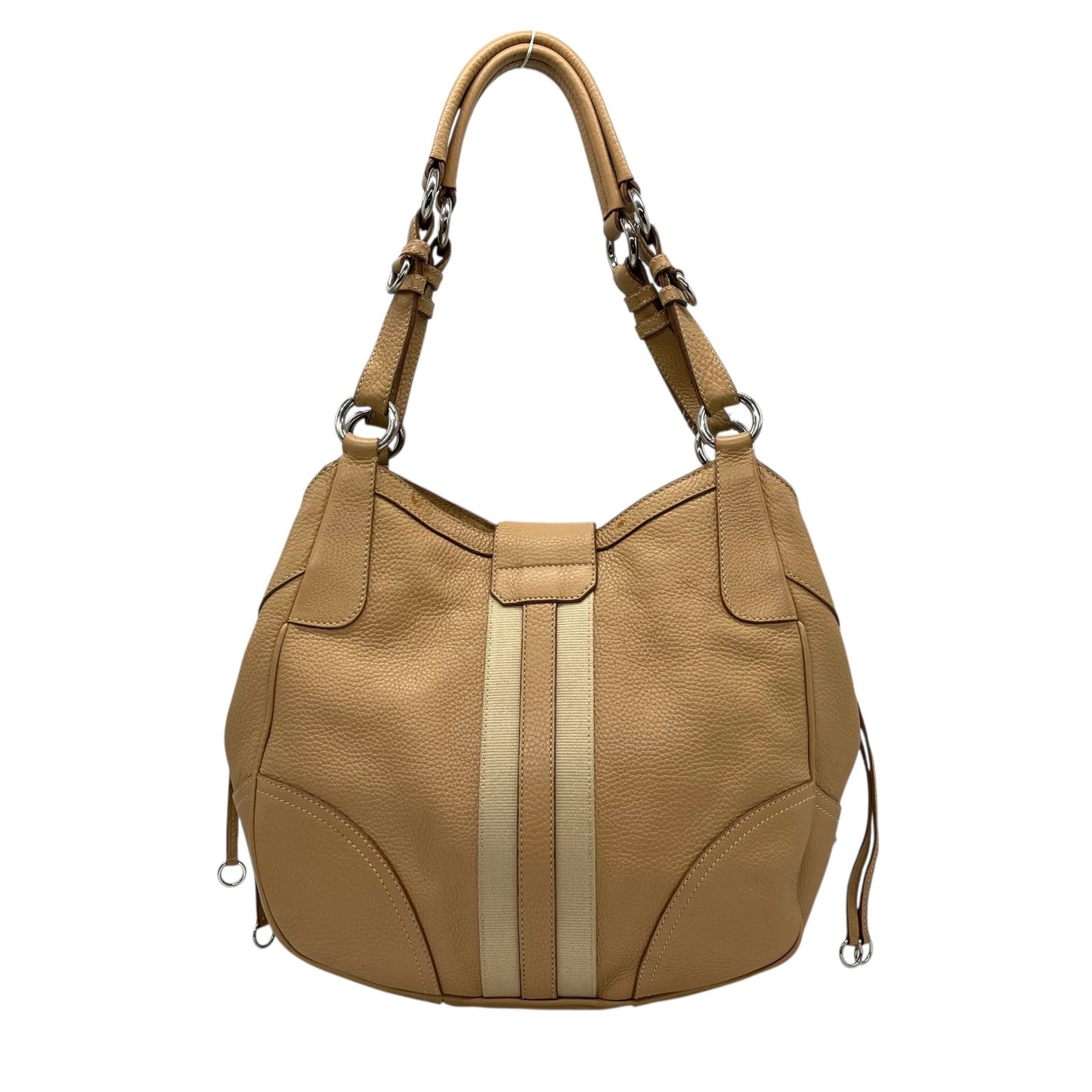 PRADA プラダ ワンショルダーバッグ ライトブラウン ベージュ レザー シボ革 トライアングルロゴ ベルトデザイン シルバー金具 C4