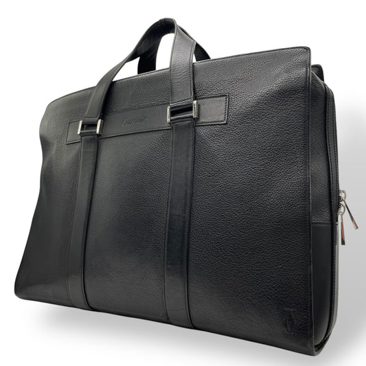 美品 現行 Cartier カルティエ ビジネスバッグ ブリーフケース 黒 ブラック レザー シボ革 シルバー金具 ロゴ型押し 2Cモチーフ 通勤 メンズ A4収納可 A