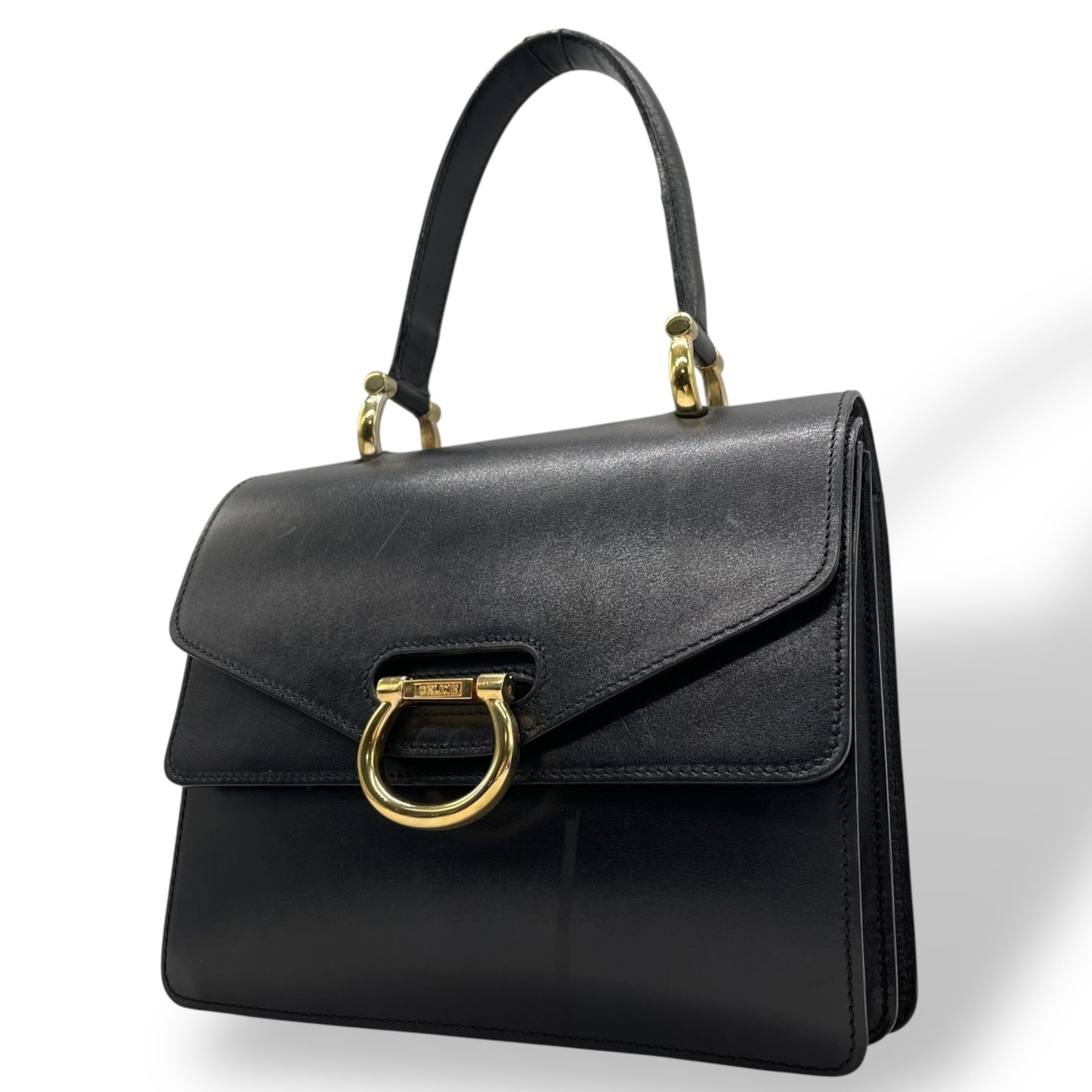美品 CELINE セリーヌ ハンドバッグ フォーマル 黒 ブラック レザー ゴールド金具 ダブルフラップ Wフラップ トップハンドル 手提げ ロゴ レディース ヴィンテージ オールドセリーヌ C