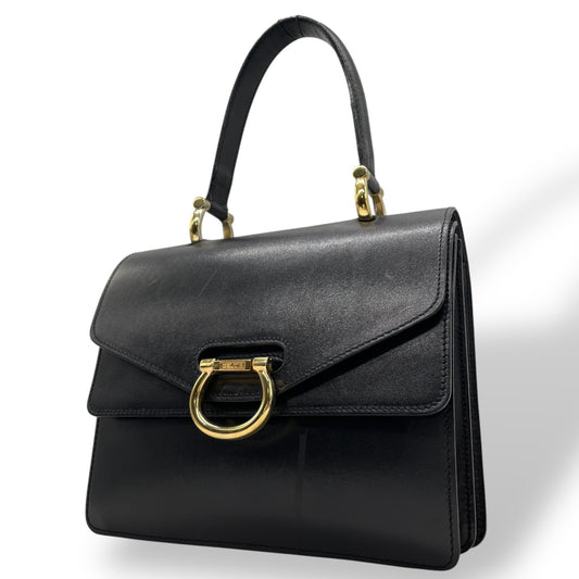 美品 CELINE セリーヌ ハンドバッグ フォーマル 黒 ブラック レザー ゴールド金具 ダブルフラップ Wフラップ トップハンドル 手提げ ロゴ レディース ヴィンテージ オールドセリーヌ C