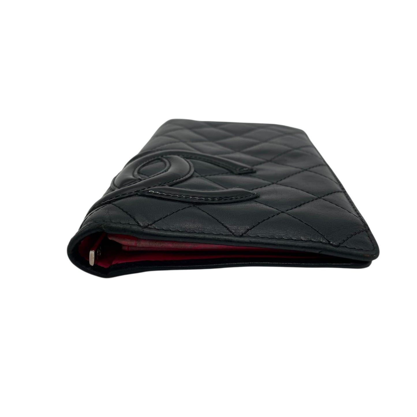 CHANEL シャネル カンボンライン ココマーク 二つ折り 長財布 黒 ブラック ピンク パテントレザー シルバー金具 レディース M5