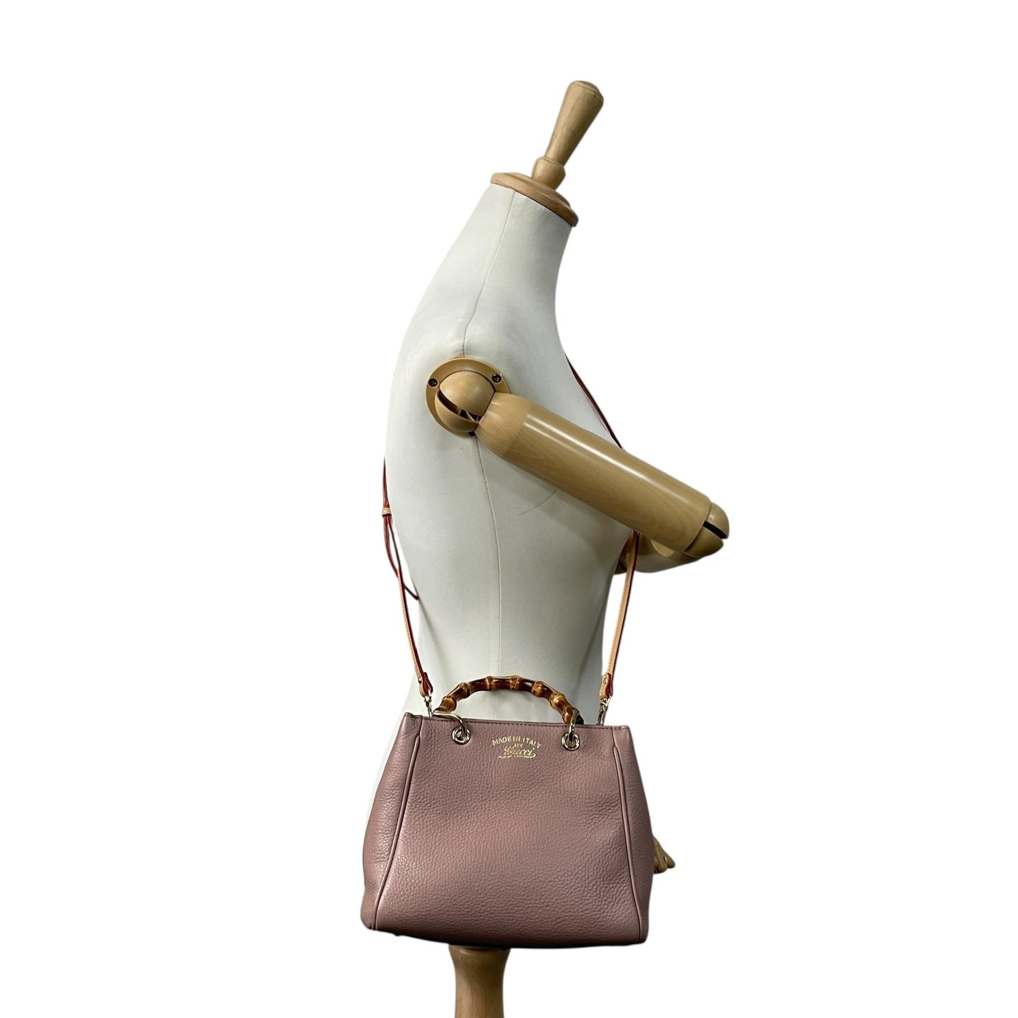 Authentic GUCCI Bamboo Mini Shopper 2WAY Pink Leather Gold Logo Shoulder Handbag