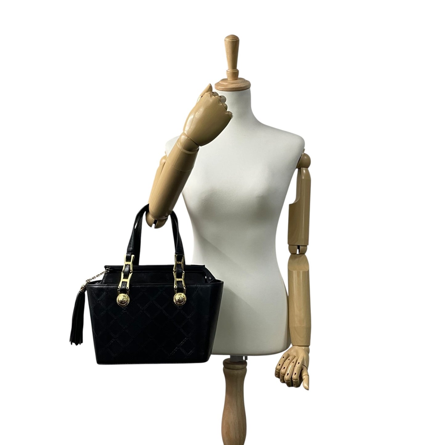 Authentic GIANNI VERSACE Vintage Mini Handbag Tote Black Leather Gold Hardware Fringe Tassel Women