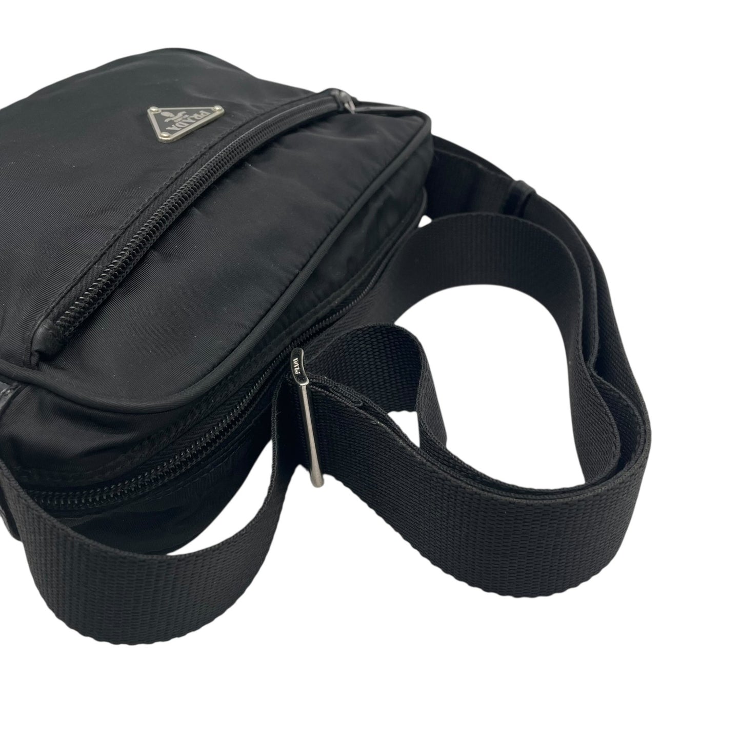 Authentic PRADA Shoulder Bag Triangle Logo Nylon Leather Black Silver Hardware BT0166