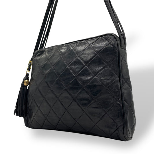 Authentic CHANEL Matelasse Fringe Shoulder Bag Black Leather Vintage Gold Crossbody