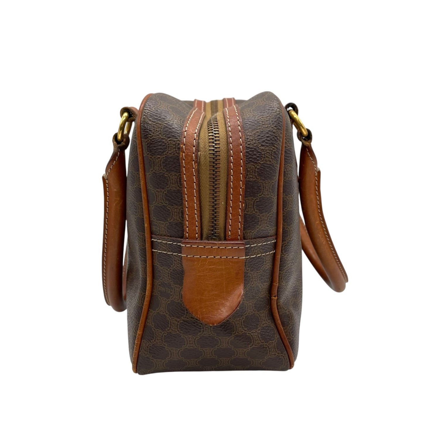 CELINE セリーヌ マカダム 2WAY ハンドバッグ ショルダーバッグ PVC レザー 茶 ブラウン ゴールド金具 斜め掛け可 レディース ヴィンテージ D3