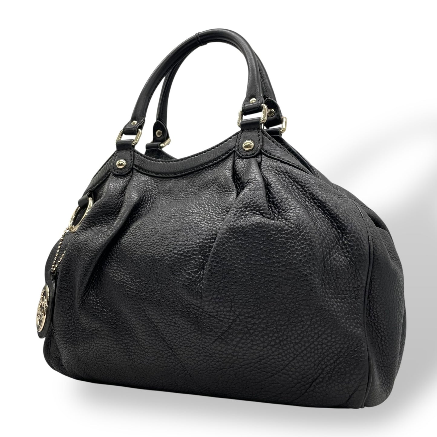 美品 GUCCI グッチ スーキー ハンドバッグ 黒 ブラック レザー シボ革 ゴールド金具 ギャザー インターロッキングG チャーム ヴィンテージ ホーボー レディース Z3