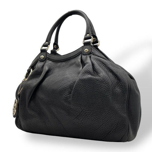 美品 GUCCI グッチ スーキー ハンドバッグ 黒 ブラック レザー シボ革 ゴールド金具 ギャザー インターロッキングG チャーム ヴィンテージ ホーボー レディース Z3