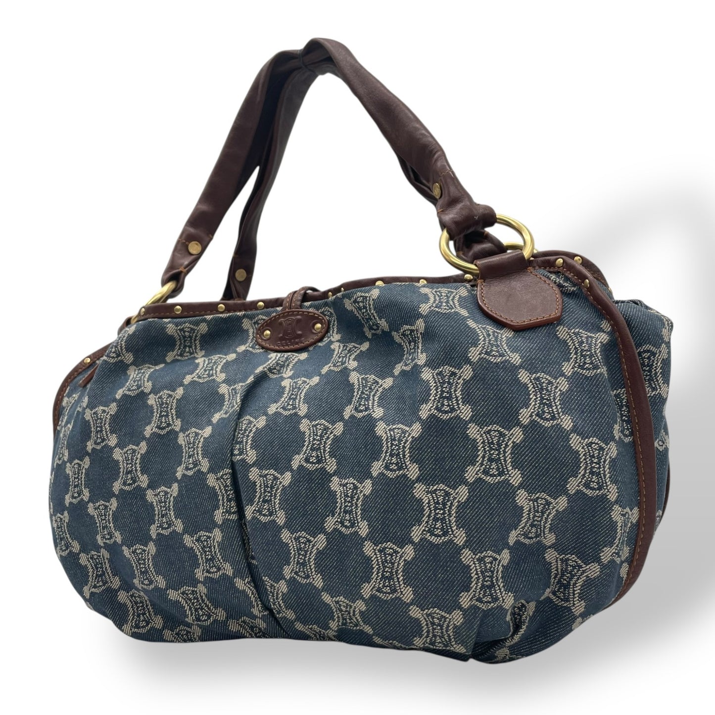 Authentic CELINE Pari Macadam Triomphe Denim Leather Handbag Brown Hardware