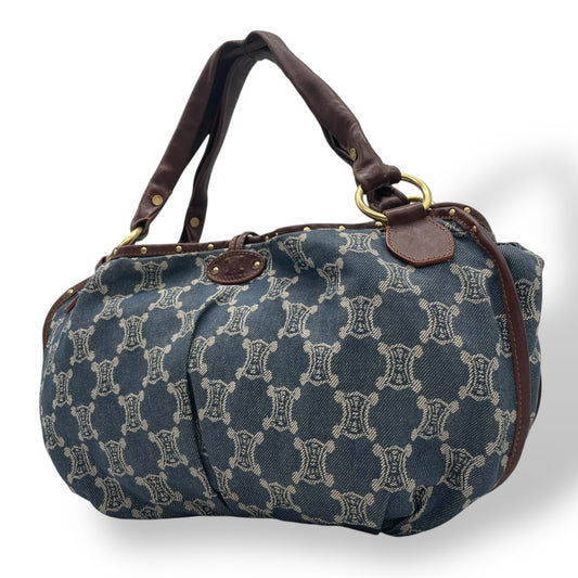 Authentic CELINE Pari Macadam Triomphe Denim Leather Handbag Brown Hardware