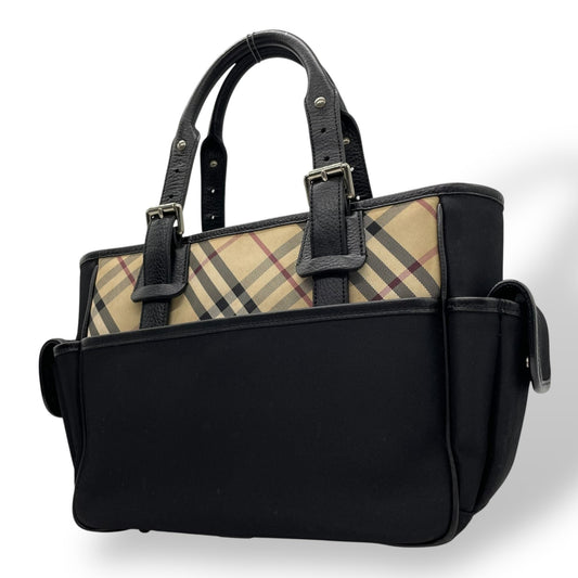 Authentic BURBERRY Check Nylon Leather Tote Bag Black A4 Size