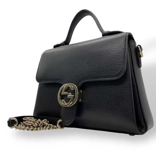 Authentic GUCCI Interlocking G 2Way Handbag Shoulder Bag Black Leather Gold