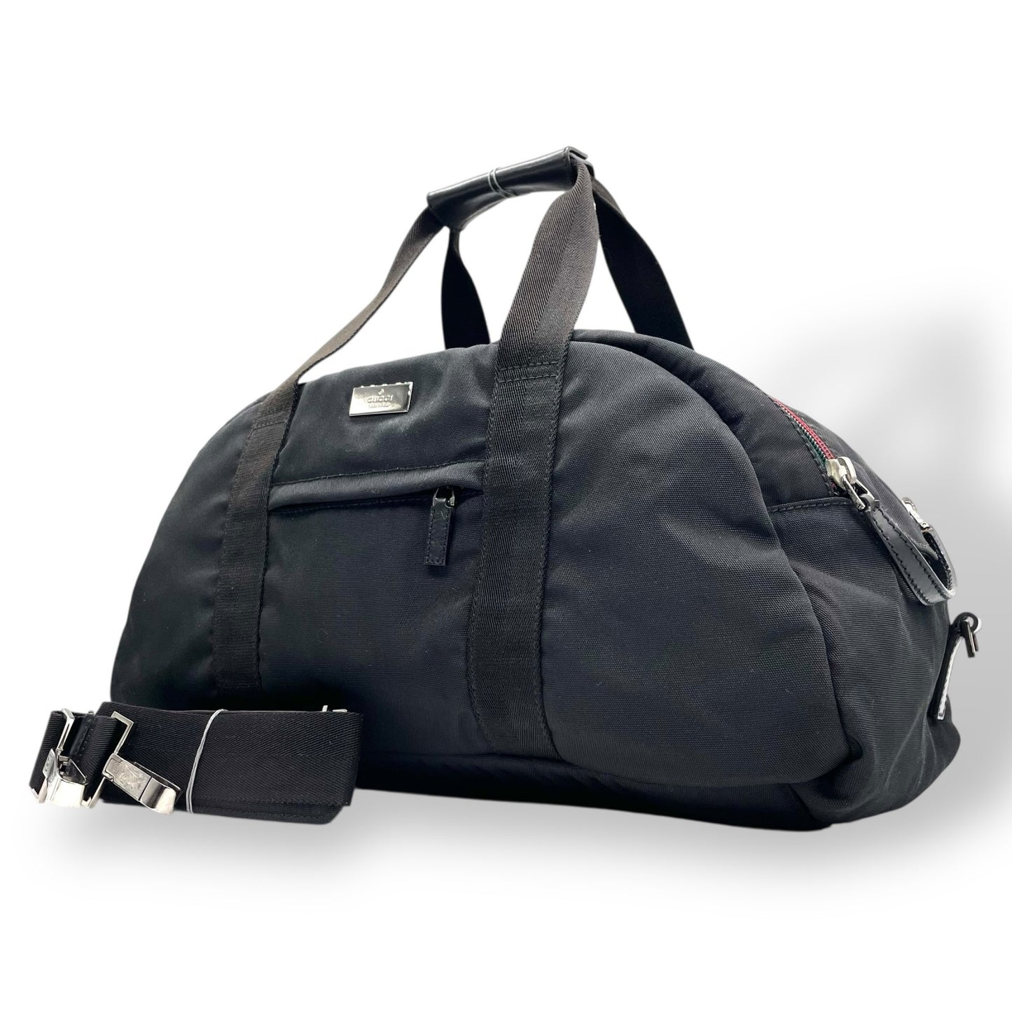 極美品 GUCCI グッチ ボストンバッグ 2WAY ハンドバッグ ブラック 黒 ナイロン 肩掛け 斜め掛け クロスボディ シルバー金具 メンズ レディース ユニセックス トラベルバッグ 大容量 Z4