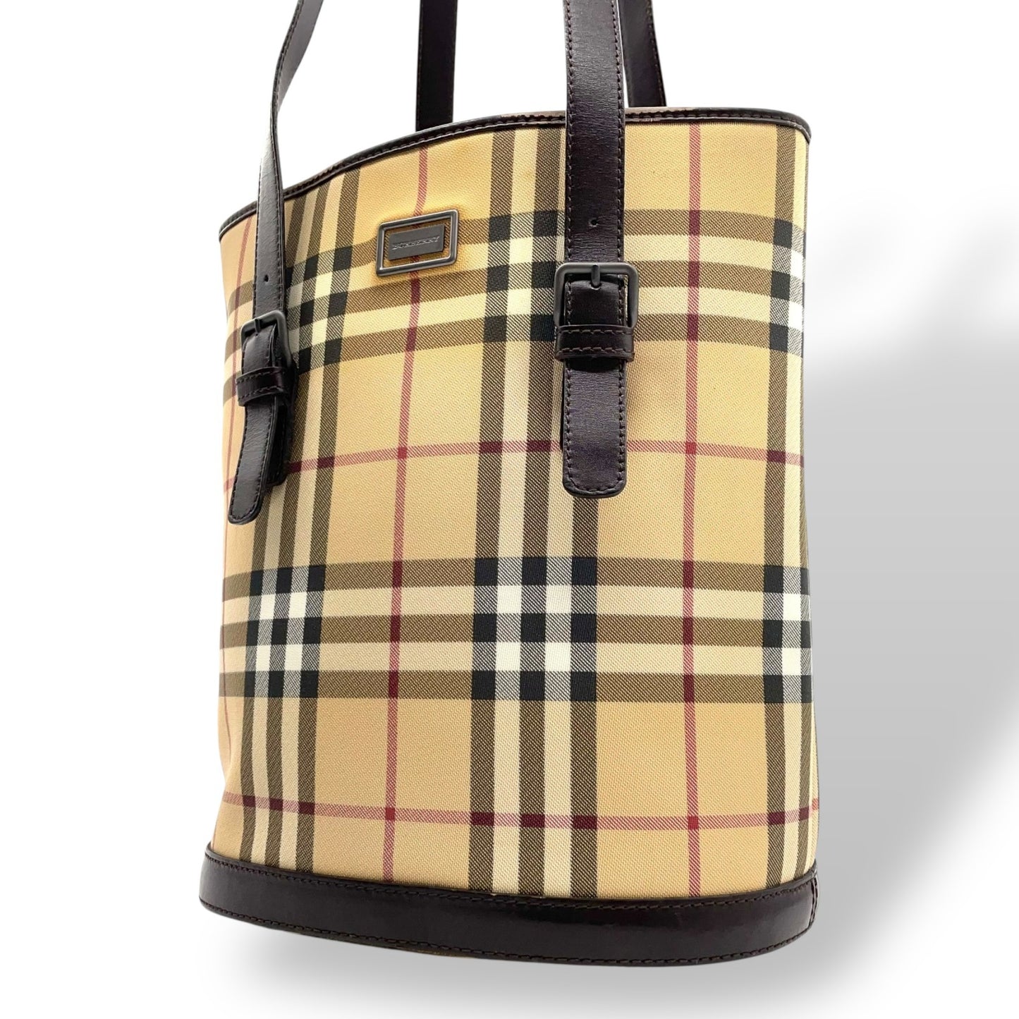 美品 BURBERRY バーバリー ノバチェック バケツ型 ショルダーバッグ トートバッグ PVC レザー ベージュ レッド ダークブラウン メンズ レディース 肩掛け C3