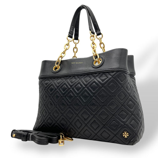 美品 TORY BURCH トリーバーチ フレミング 2WAY ハンドバッグ ショルダーバッグ 黒 ブラック ゴールド金具 レザー キルティング チェーンハンドル 斜め掛け可 レディース C