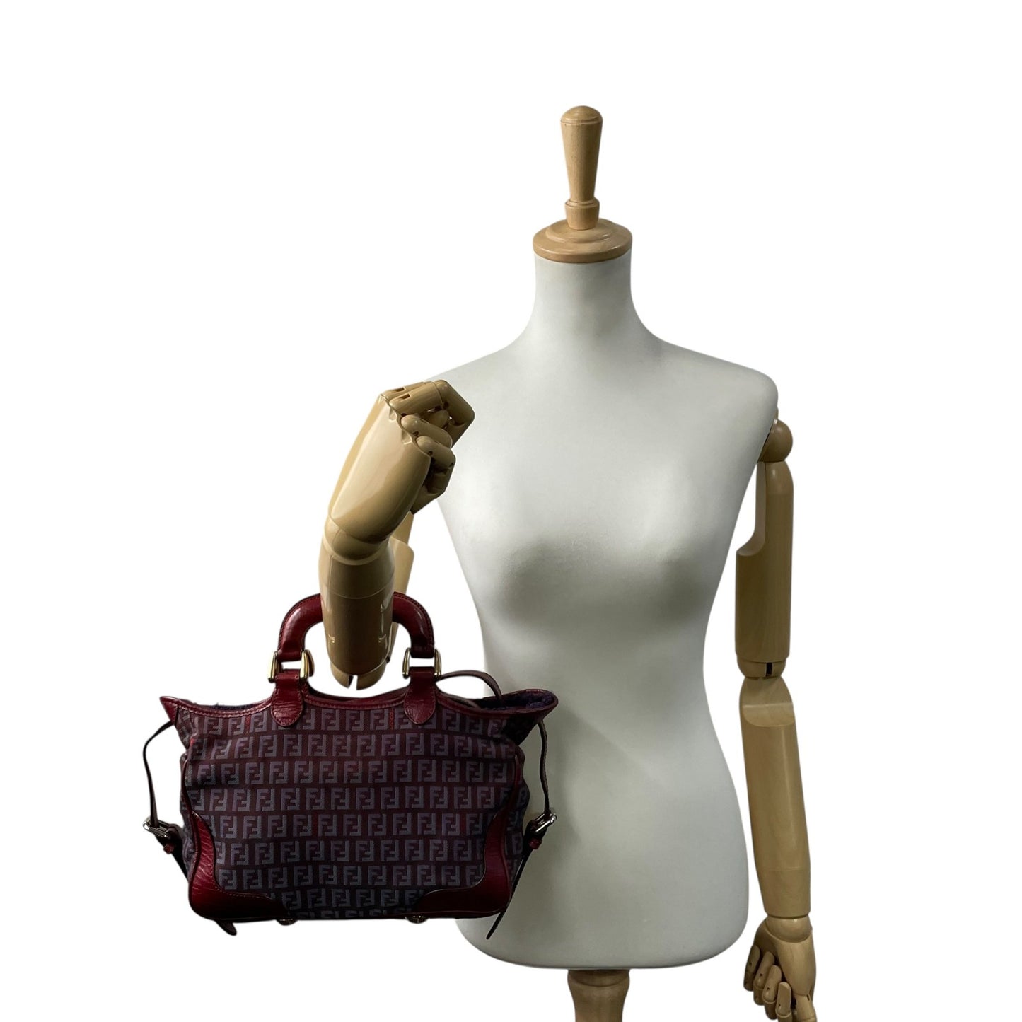 美品 希少カラー FENDI フェンディ ズッキーノ 2WAY ハンドバッグ ショルダーバッグ 赤紫 ワインレッド パープル系 キャンバス レザー ゴールド金具 ズッカ柄 レディース