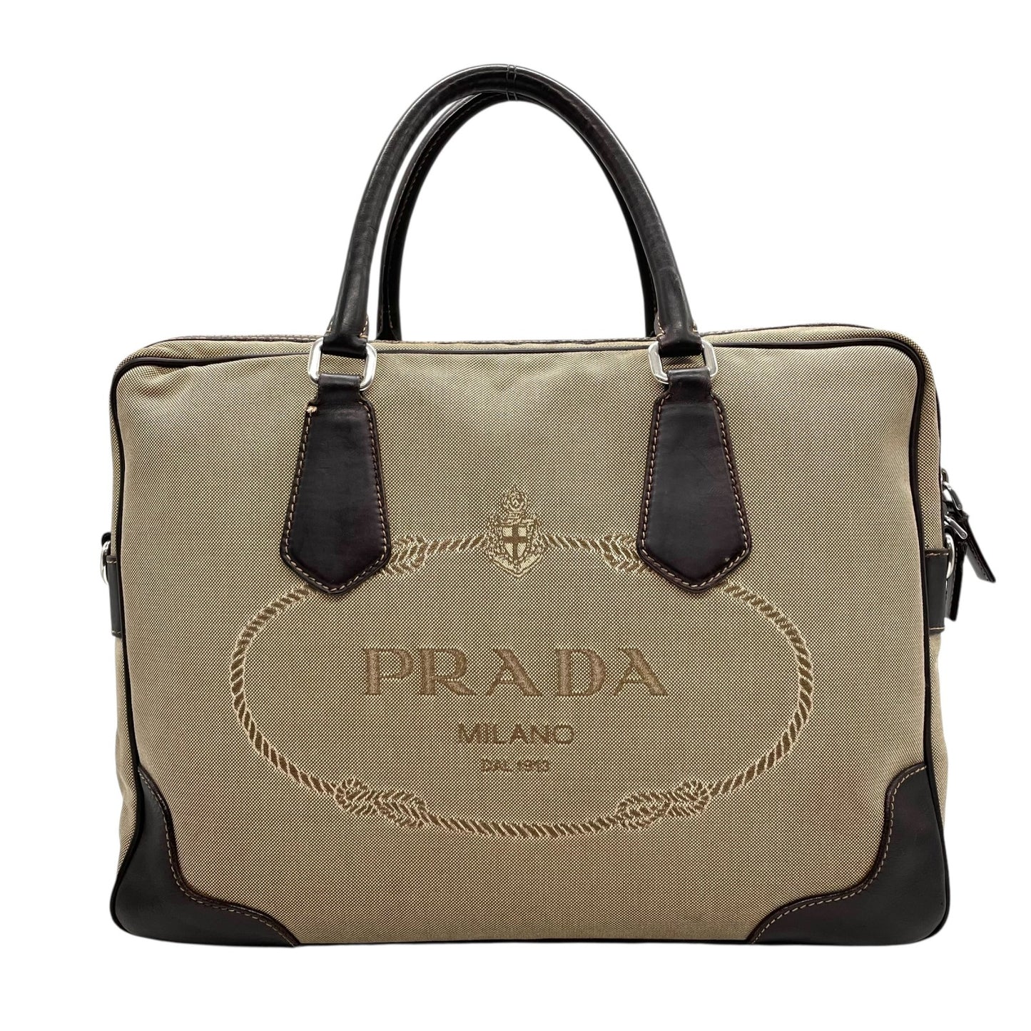 PRADA プラダ ジャガードロゴ 2WAY ビジネスバッグ ショルダーバッグ キャンバス レザー ベージュ ブラウン 南京錠 メンズ レディース Z4