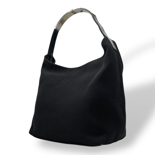 GUCCI グッチ ワンショルダーバッグ ハンドバッグ 黒 ブラック シルバー金具 キャンバス パテントレザー メタルハンドル ロゴプレート 肩掛け可 マグネット開閉 ホーボー レディース D6