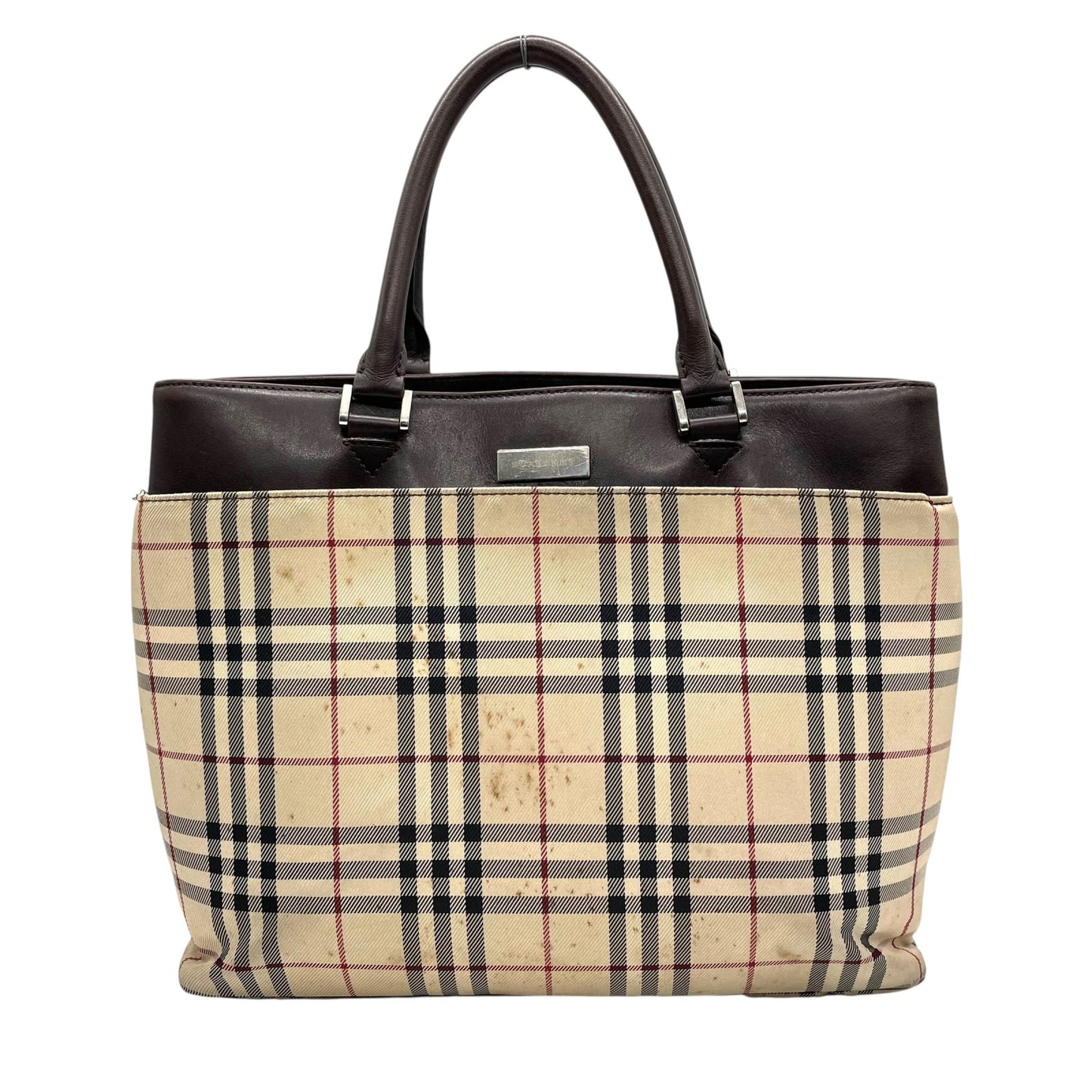 BURBERRY バーバリー ハンドバッグ トートバッグ ノバチェック チェック柄 ベージュ ブラウン キャンバス レザー シルバー金具 ロゴプレート レディース C2