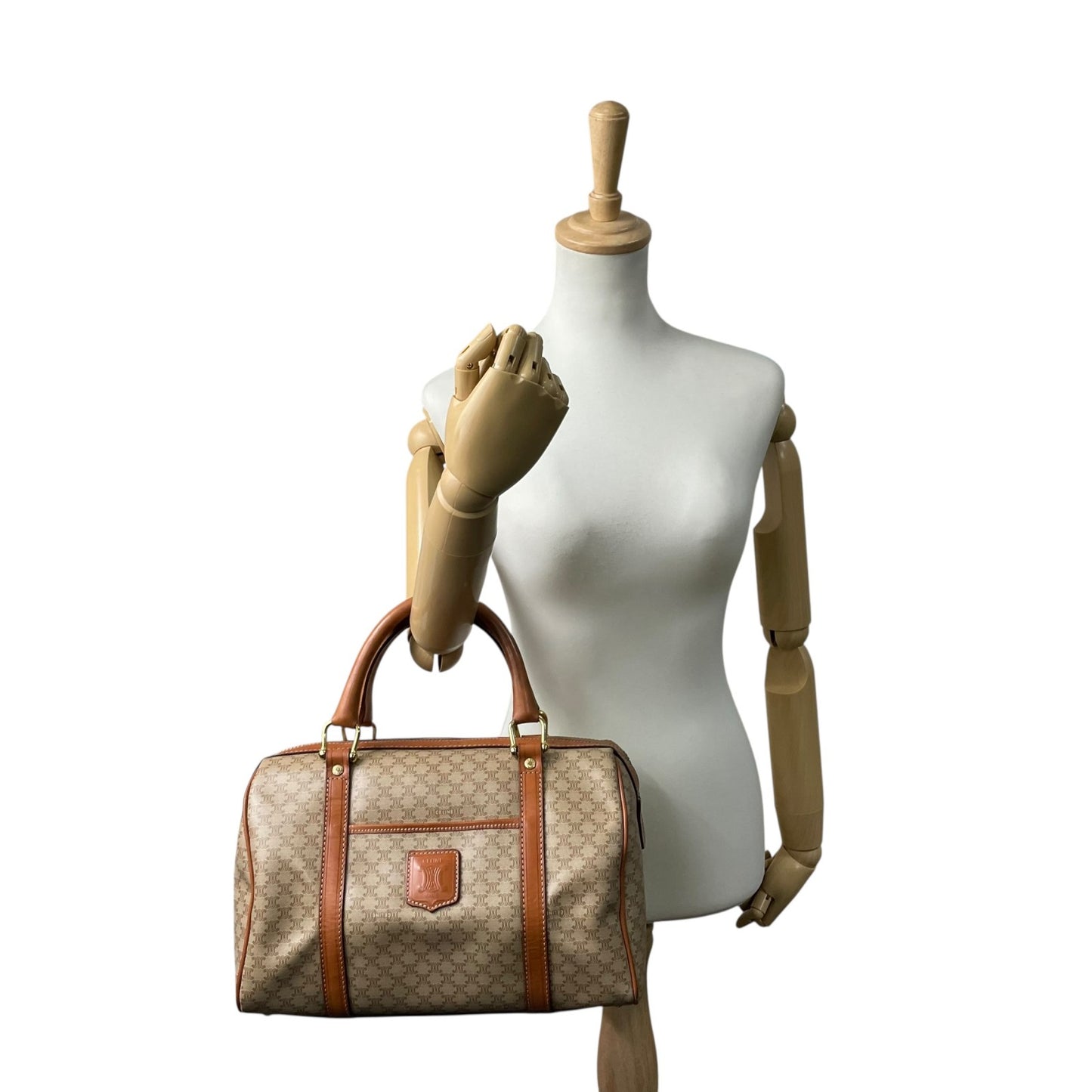 美品 セリーヌ CELINE マカダム柄 ボストンバッグ ハンドバッグ ブラウン 茶色 ベージュ トリオンフロゴ PVC×レザー ヴィンテージ 大容量 バッグ B