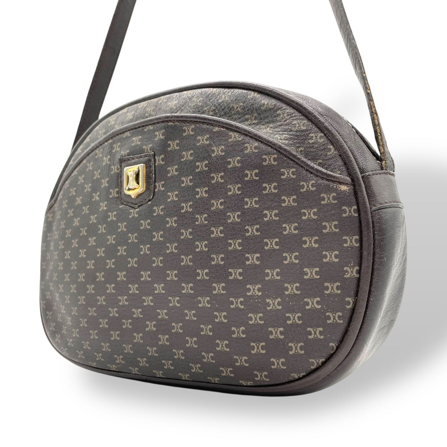 CELINE オールドセリーヌ マカダム柄 トリオンフ ショルダーバッグ 茶 ブラウン レザー ゴールド金具 斜め掛け可 ミニバッグ ポシェット レディース ヴィンテージ B1