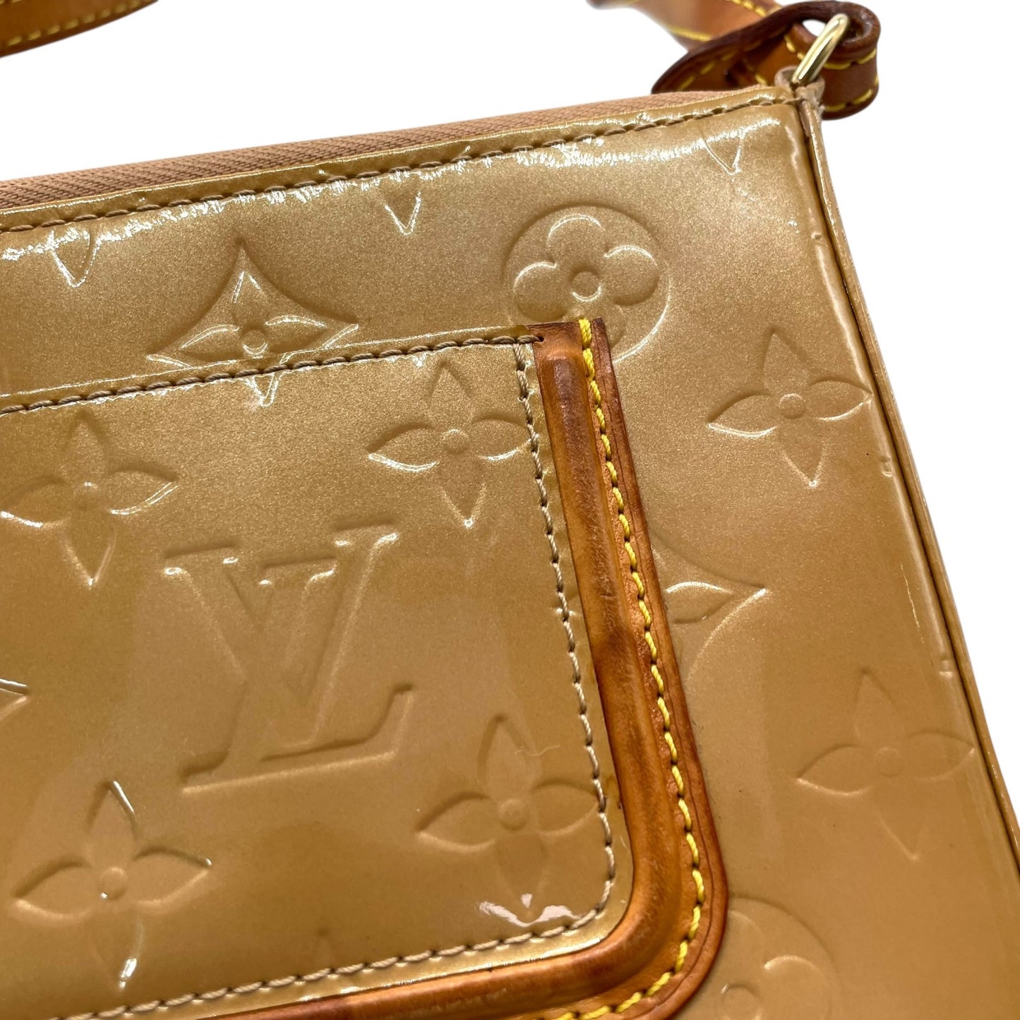 LOUIS VUITTON ルイヴィトン モノグラム ヴェルニ ハンドバッグ マロリー・スクエア M91197 アクセサリーポーチ ミニバッグ ハンドバッグ ワンショルダー 肩掛け可 キャメル ブラウン パテントレザー ゴールド金具 レディース K4