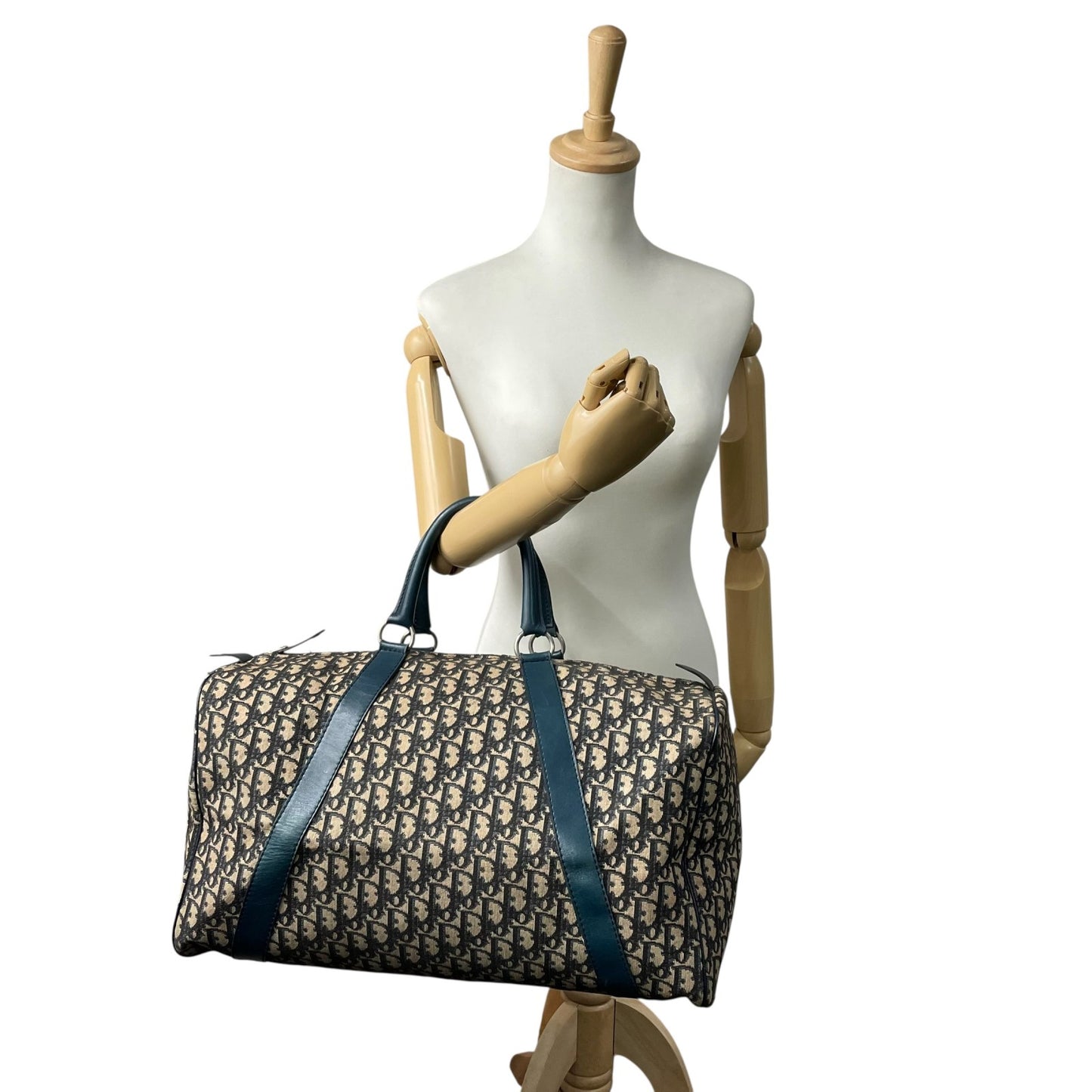 Christian Dior クリスチャンディオール トロッター ボストンバッグ 紺 ネイビー ベージュ キャンバス レザー シルバー金具 メンズ レディース ヴィンテージ Z4