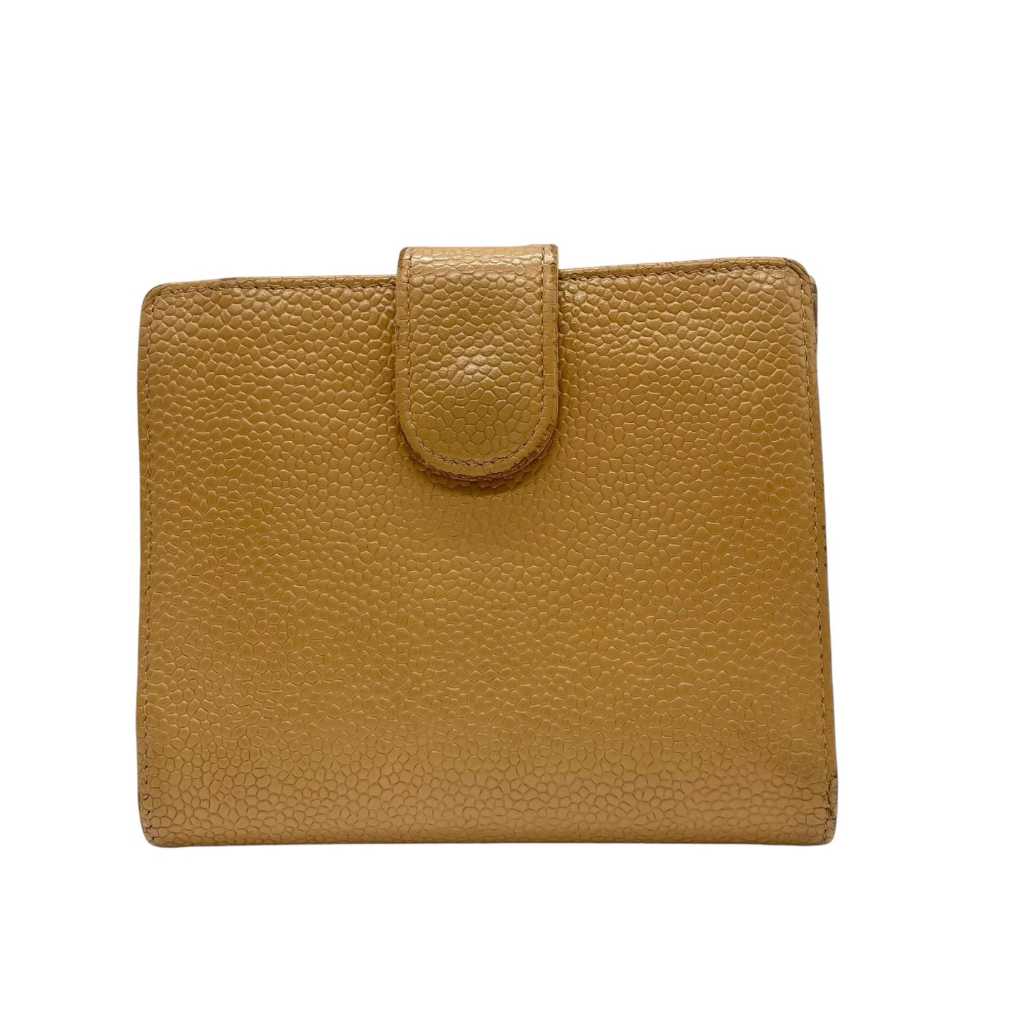 シャネル CHANEL 三つ折り財布 キャビアスキン調 レザー ココマーク 型押し キャメル ゴールド金具 金金具 箱・カード付 シール付 W2