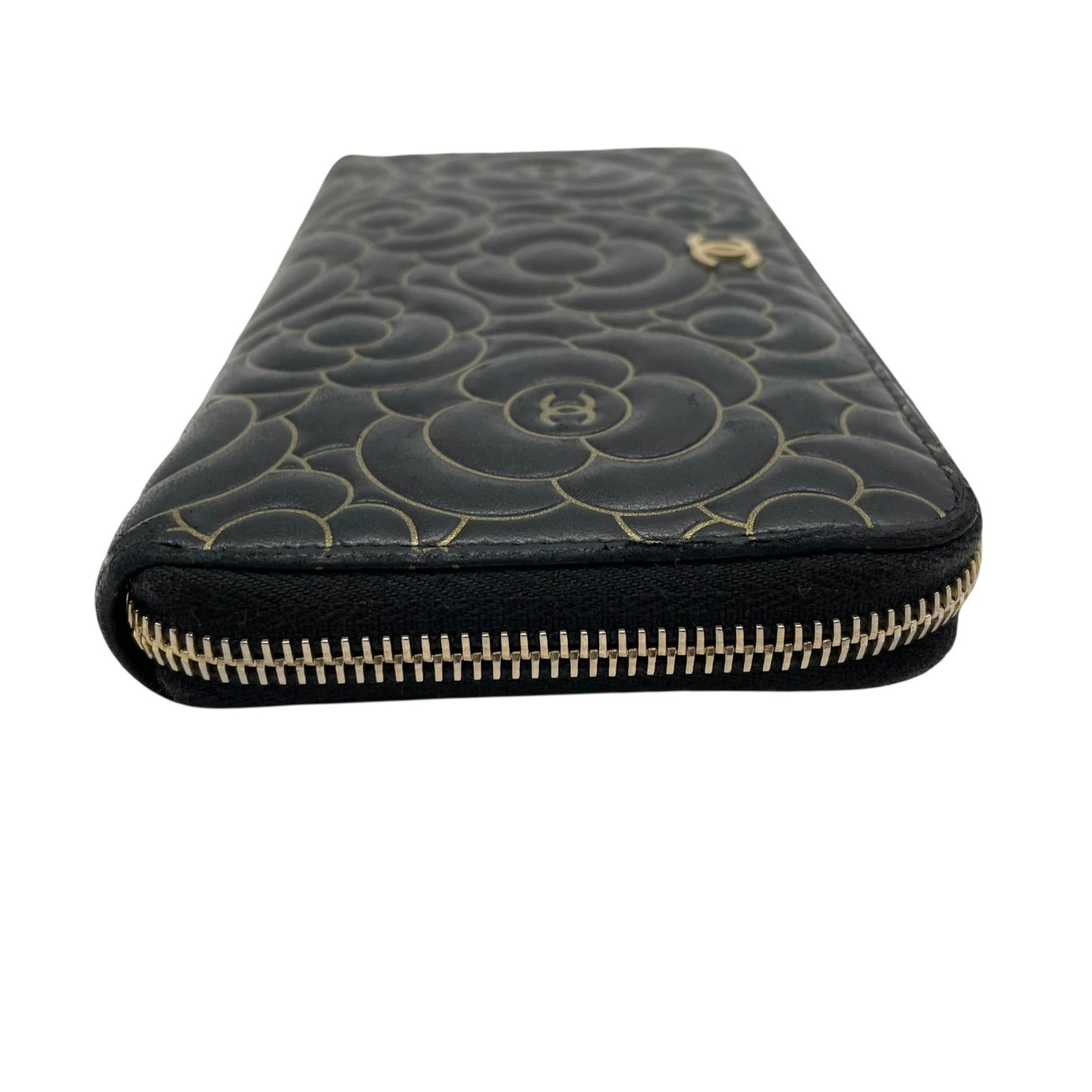 美品 シャネル CHANEL カメリア ラウンドファスナー 長財布 ブラック 黒 レザー 金 ゴールド金具 ココマーク 型押し ウォレット W6