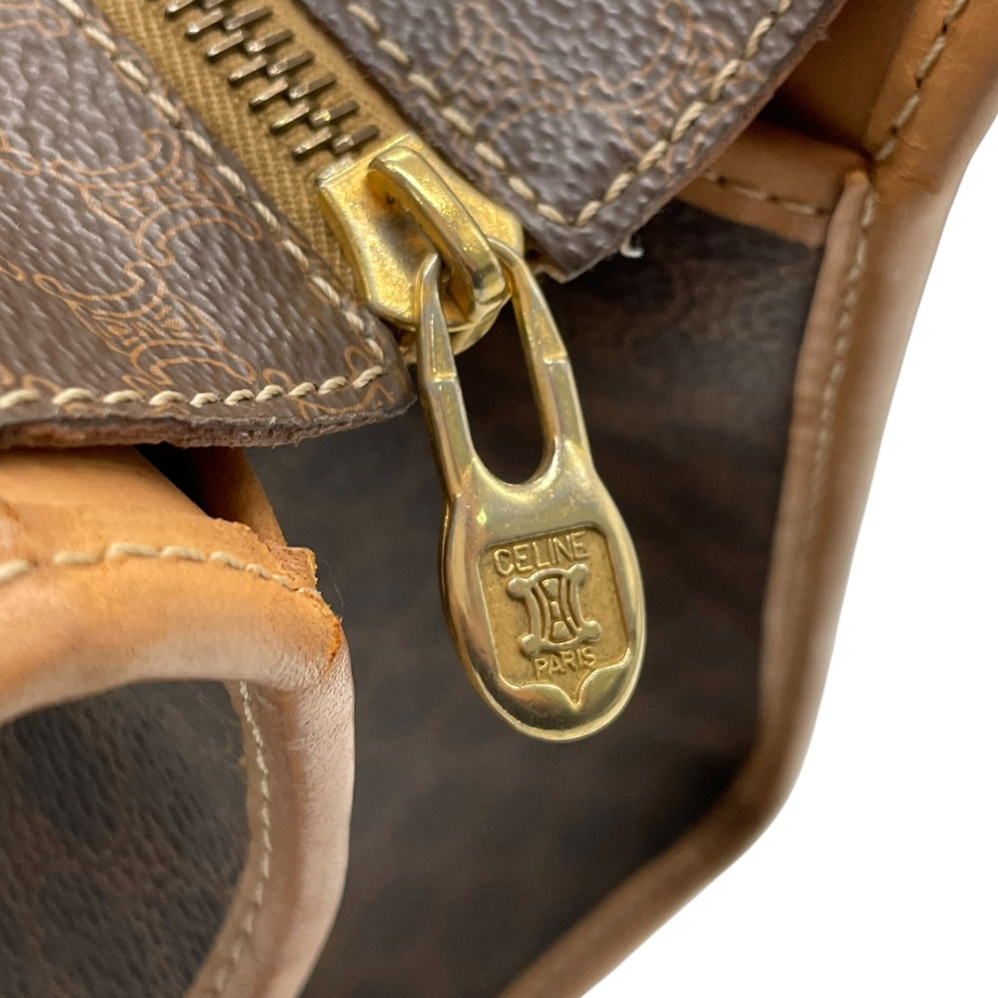 CELINE セリーヌ マカダム柄 ハンドバッグ ミニトート 茶 ブラウン PVC レザー ゴールド金具 手提げ ヴィンテージ オールドセリーヌ レディース E