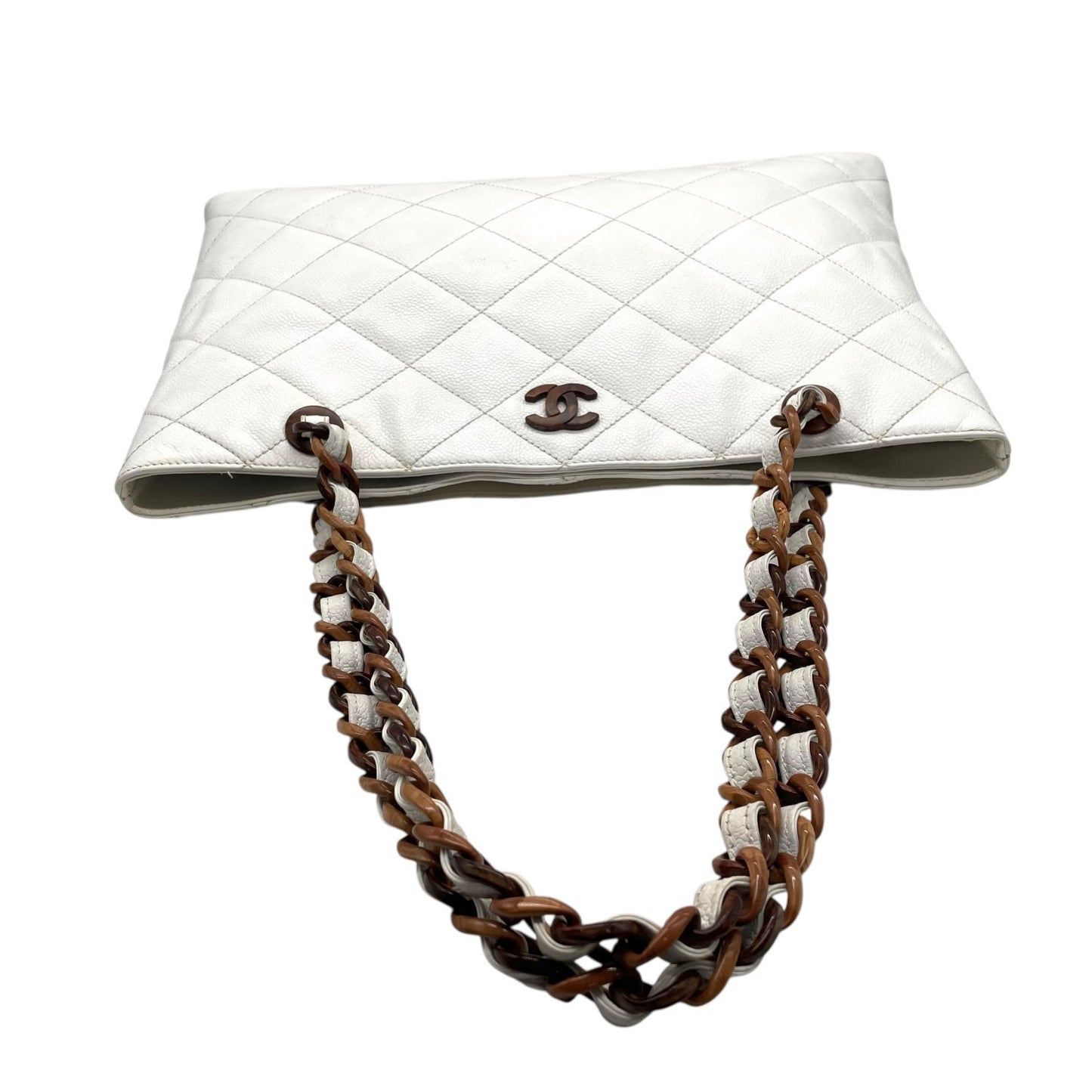 シャネル CHANEL トートバッグ キャビアスキン マトラッセ ココマーク 白 ホワイト ブラウンチェーン シルバー金具 C