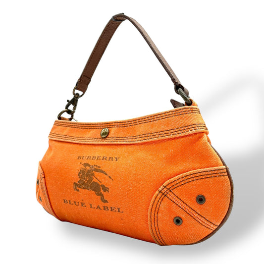 BURBERRY BLUE LABEL バーバリーブルーレーベル アクセサリーポーチ ミニハンドバッグ ホースロゴ オレンジ 茶 ブラウン キャンバス レザー ゴールド金具 Y2K レディース U9