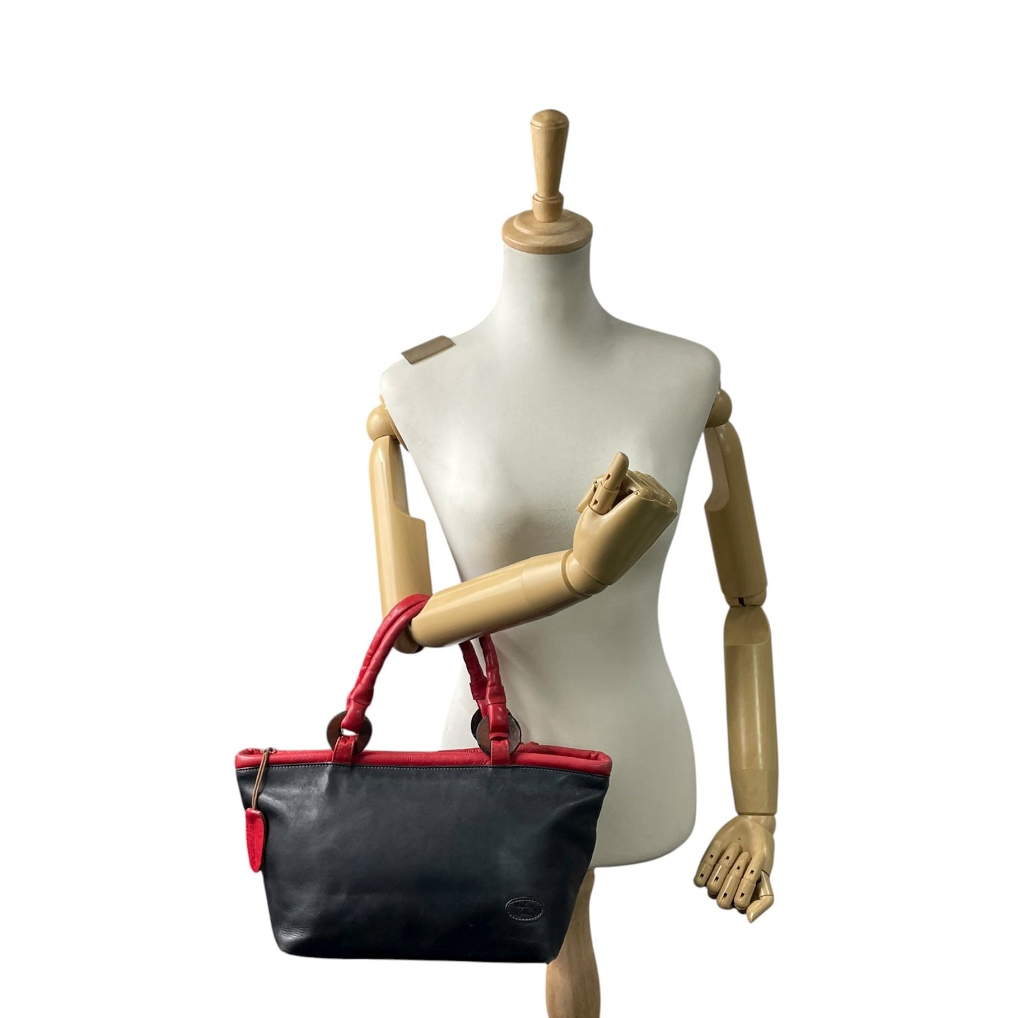 イビザ IBIZA レザーハンドバッグ バイカラー レッド×ブラック 赤 黒 木製リングデザイン レディース S68
