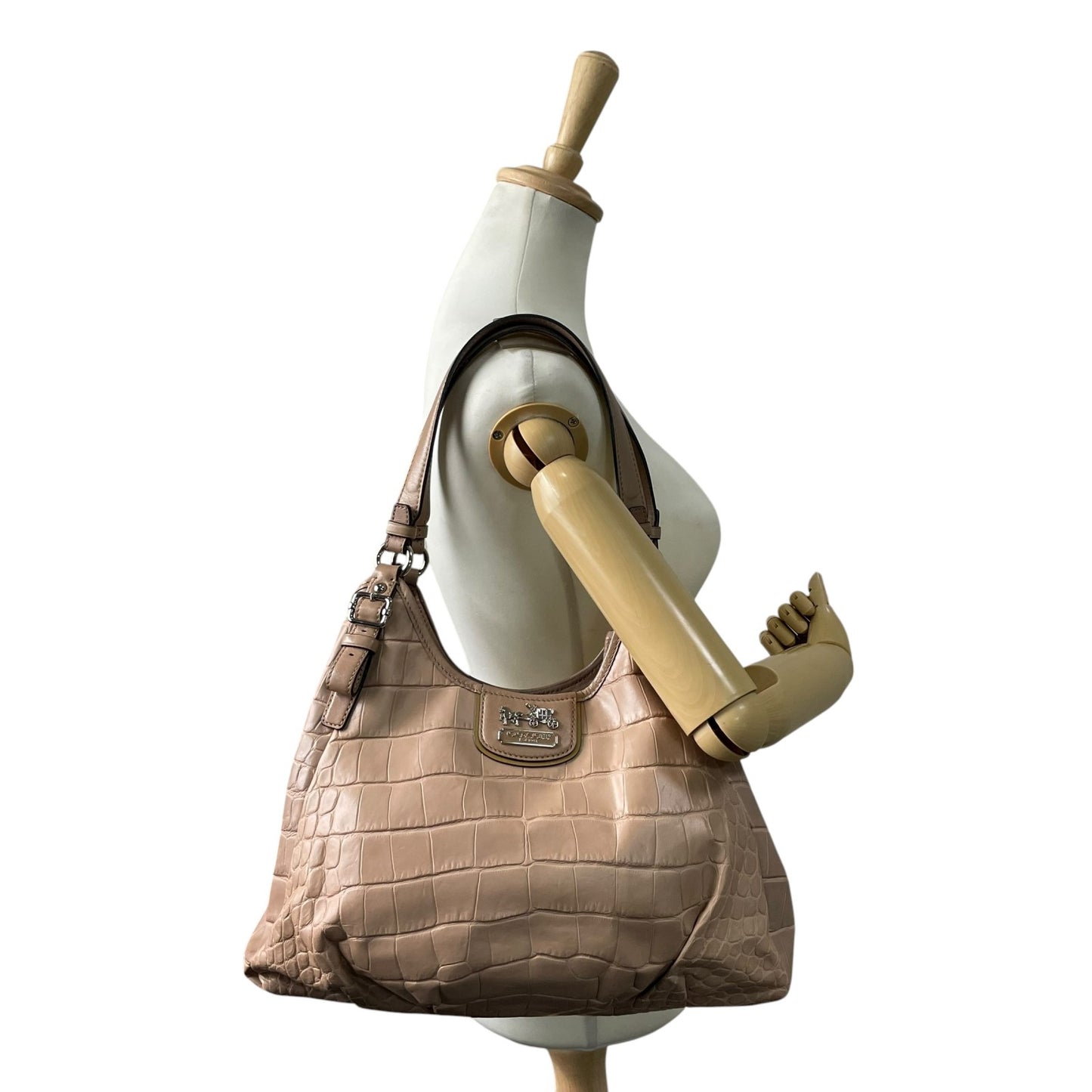 コーチ COACH ショルダーバッグ クロコ型押しレザー ベージュ シルバー金具 ホーボー トート T3