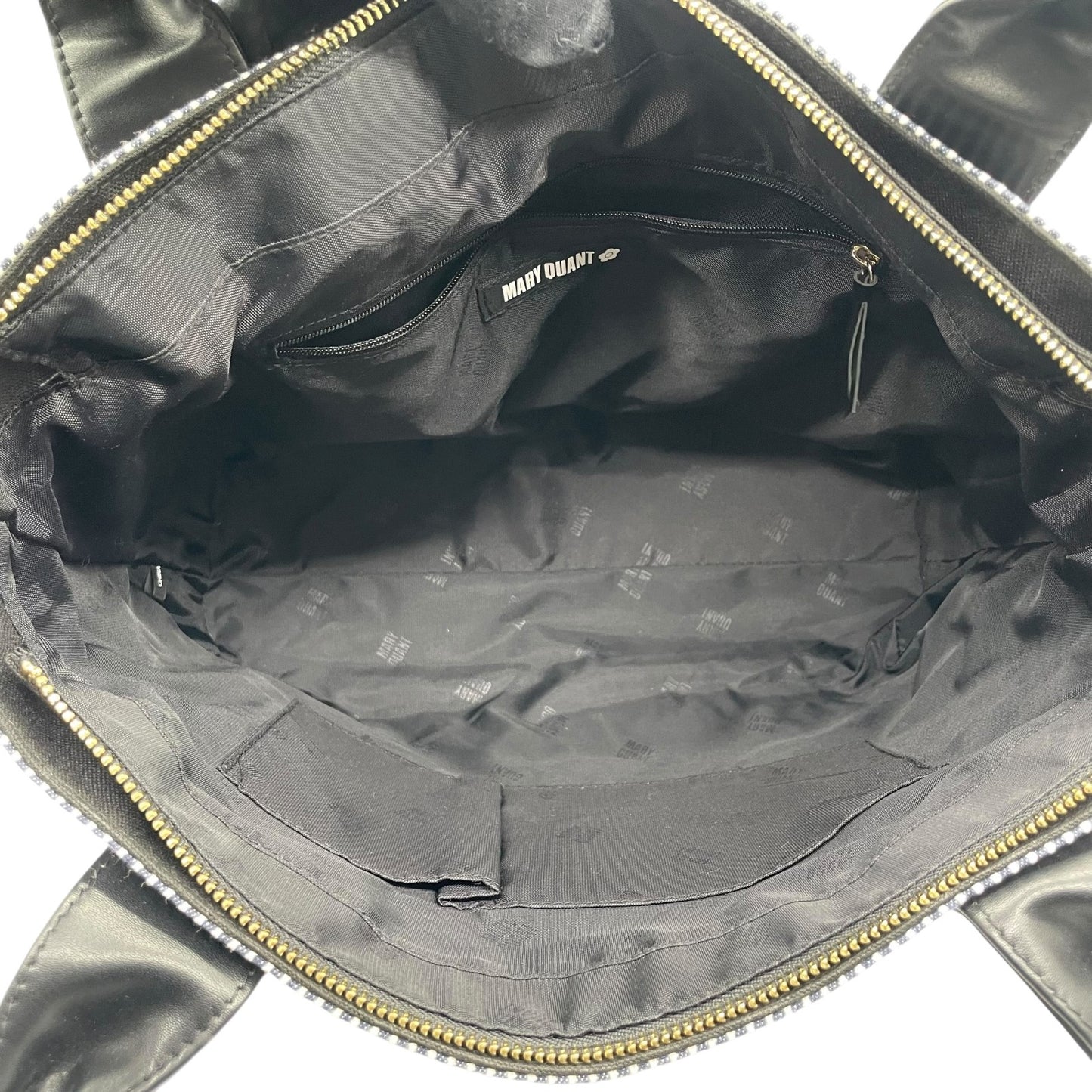 マリークヮント MARY QUANT トートバッグ ストライプ デイジー 花モチーフ ショルダー付き 2WAY 黒 ブラック ホワイト T3