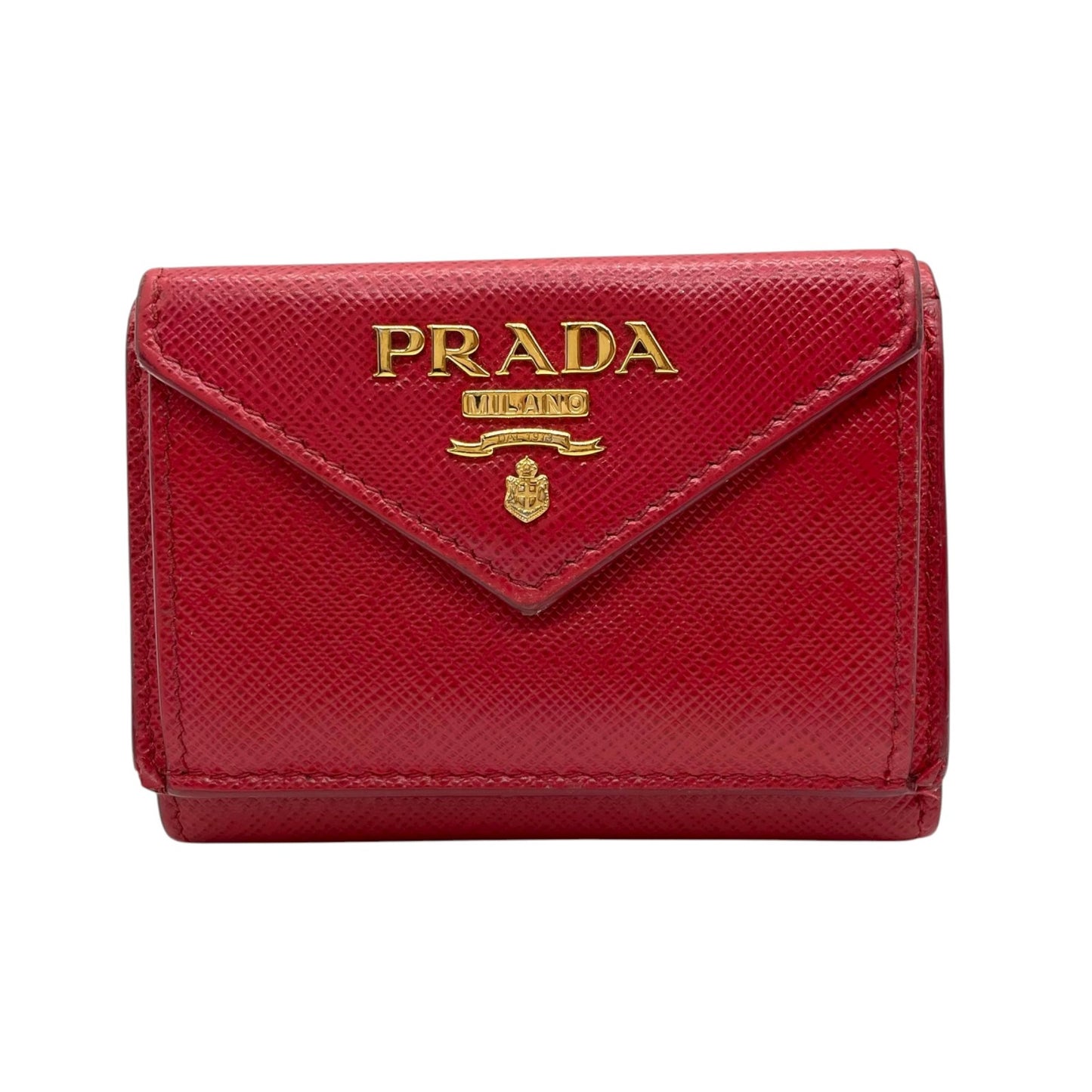 プラダ PRADA サフィアーノレザー 三つ折り財布 ミニウォレット 赤 レッド ゴールドロゴ コンパクトウォレット M5