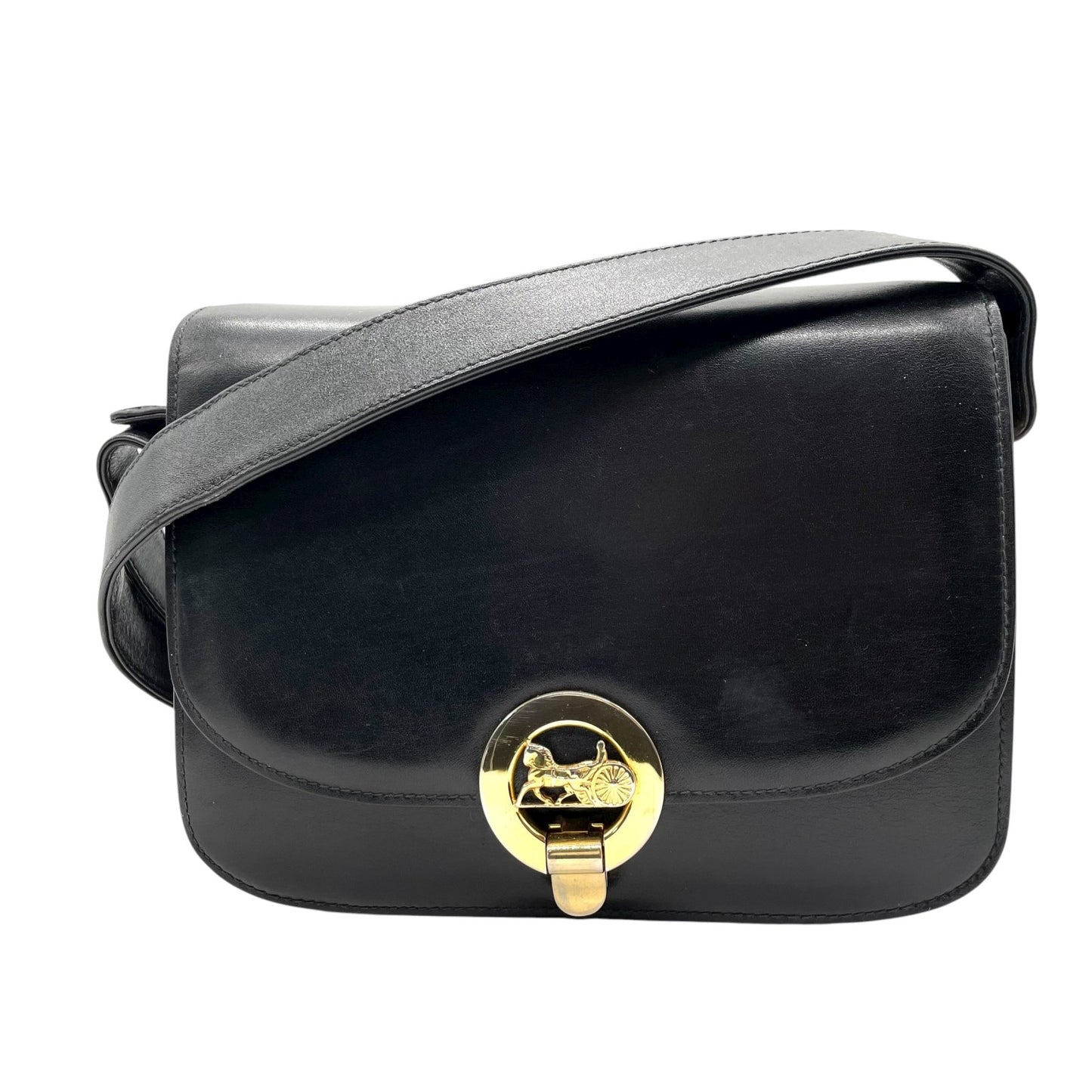 美品 セリーヌ CELINE ホースロゴ ホースキャリッジ金具 ショルダーバッグ 黒 ブラック レザー ヴィンテージ 馬車金具 金金具 ゴールド K5