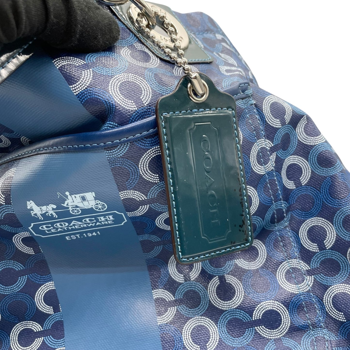 美品 コーチ COACH トートバッグ ショルダーバッグ 2WAY シグネチャー サークル柄 紺 ネイビー A4収納可 ショルダーストラップ付 U10