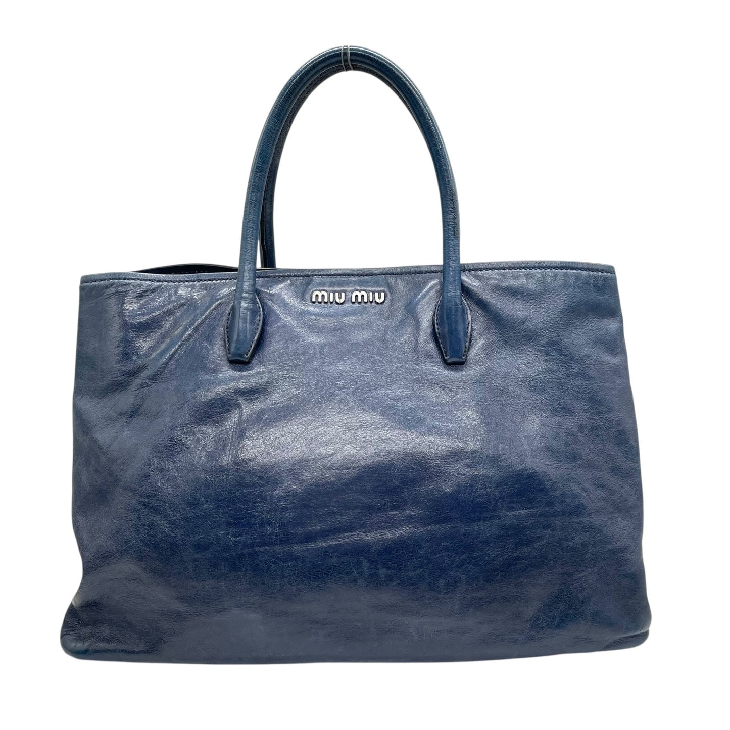 ミュウミュウ miumiu トートバッグ ショルダーバッグ ネイビー 紺 2way レザー 手提げ 斜め掛け可 シルバー金具 ロゴ レディース K10 archive 002 Y2K