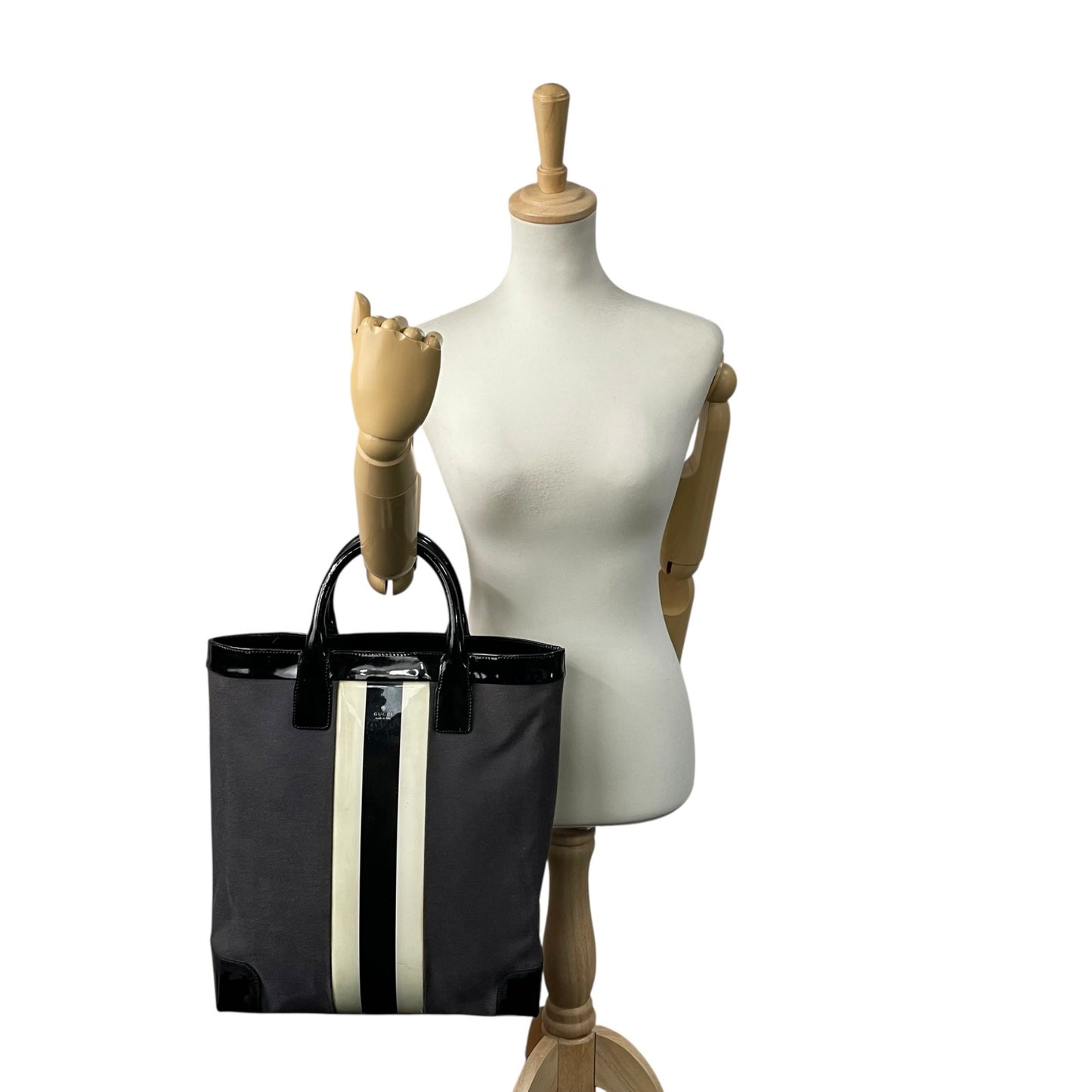 グッチ GUCCI トートバッグ ハンドバッグ ネイビー ブラック キャンバス パテントレザー 手提げ メンズ ゴールド金具 ストライプ E