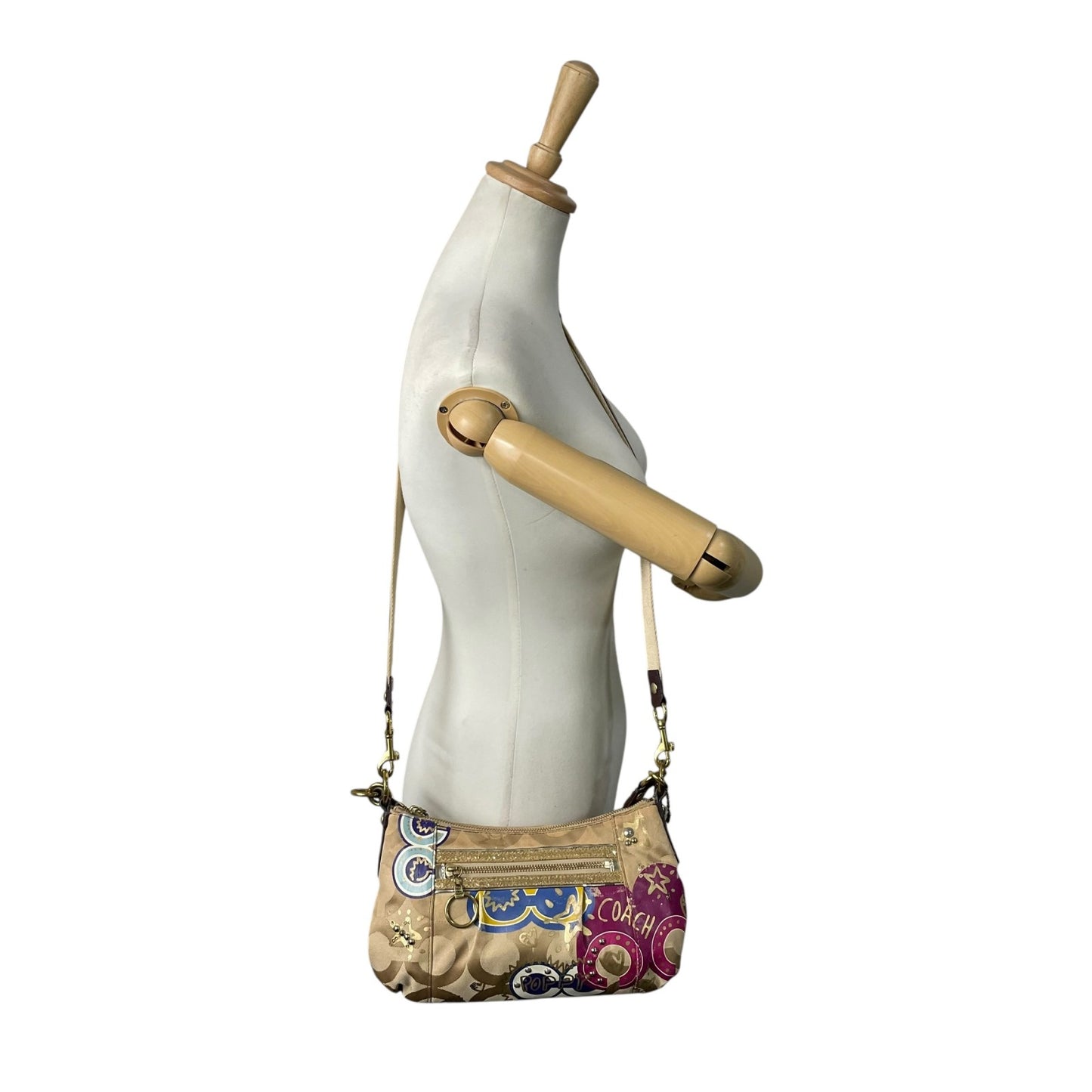 コーチ COACH 2WAY ハンドバッグ ショルダーバッグ ポピー オプアート シグネチャー ベージュ マルチカラー キャンバス ゴールド金具 ロゴチャーム付き 手提げ 斜め掛け可 レディース T1