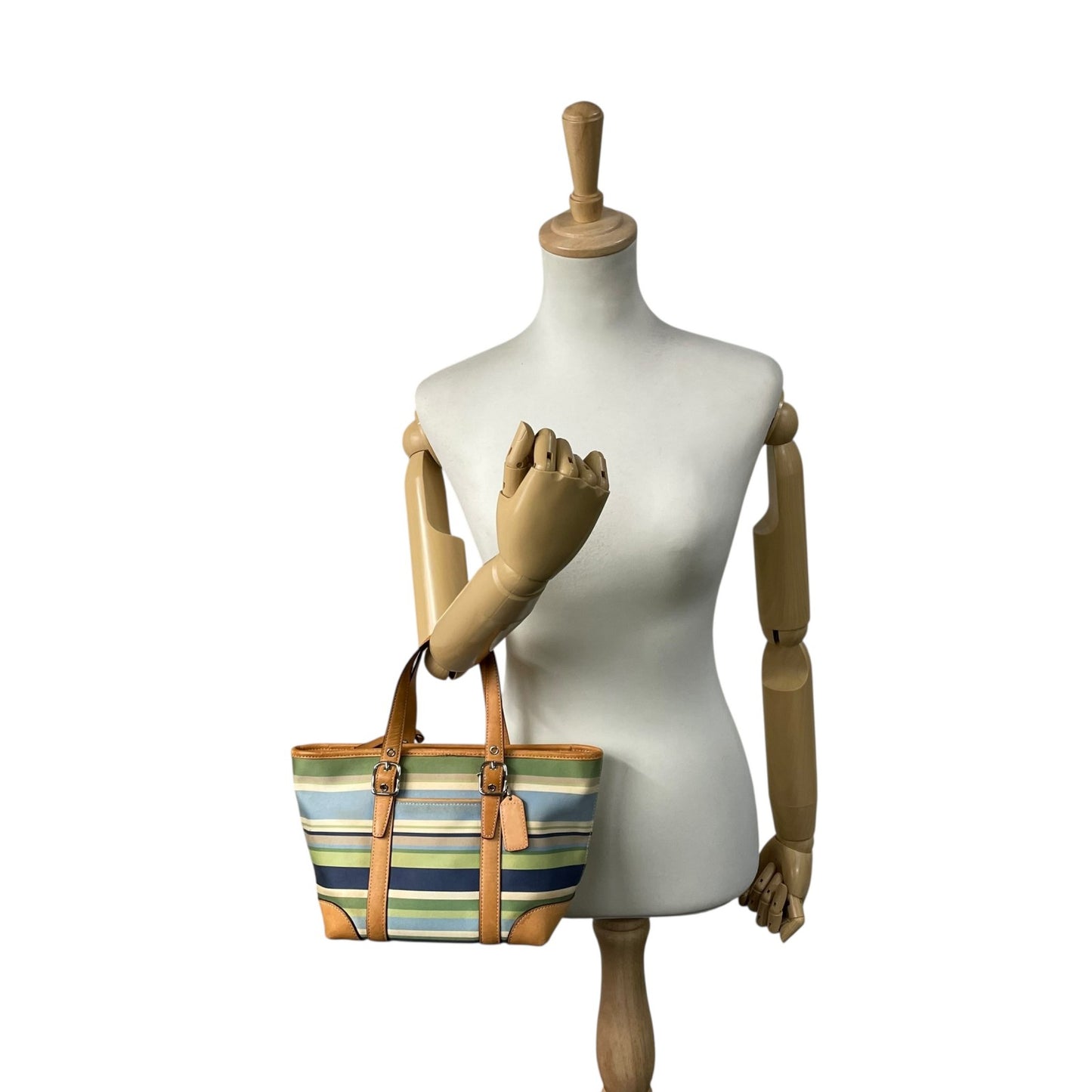 コーチ COACH ハンドバッグ ミニトート マルチストライプ ボーダー キャンバス レザー ロゴチャーム ファスナー開閉 ネイビー ブルー グリーン マルチカラー シルバー金具 手提げ レディース T1