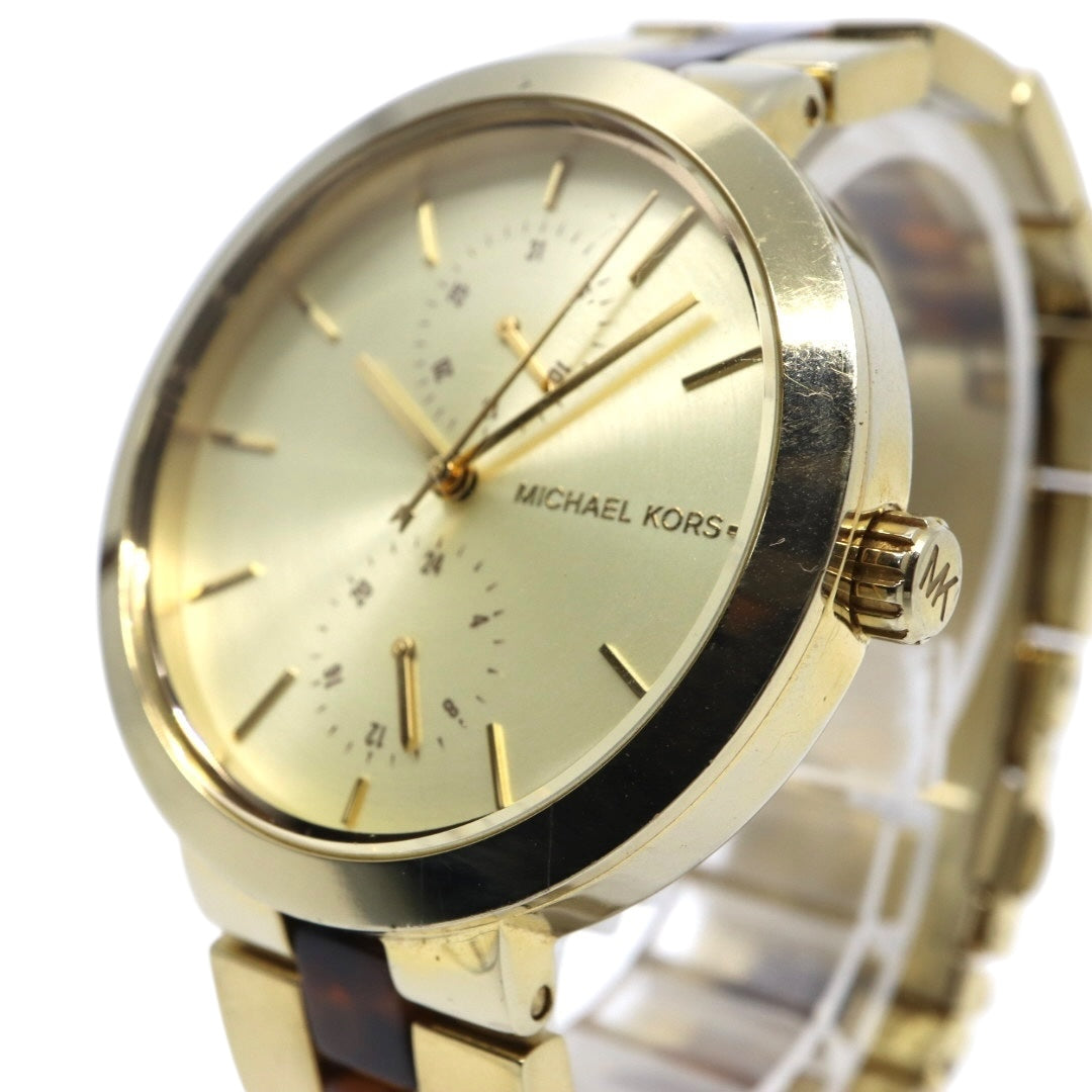 美品 電池交換済 クリーニング済 マイケルコース MICHAEL KORS 腕時計 MK-6471 レディースウォッチ クォーツ ゴールド べっ甲柄 ステンレススチール アナログ マルチファンクション エレガント クラシック ドレスウォッチ 稼働品 G3