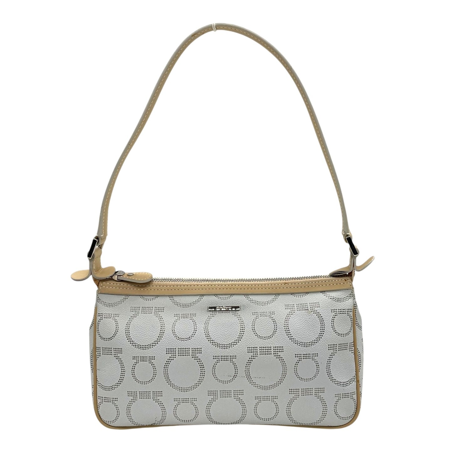 フェラガモ Salvatore Ferragamo ハンドバッグ アクセサリーポーチ ミニバッグ ガンチーニ AU-21 7497 グレー ベージュ レザー シルバー金具 ロゴ ワンショルダー 肩掛け可 レディース C5