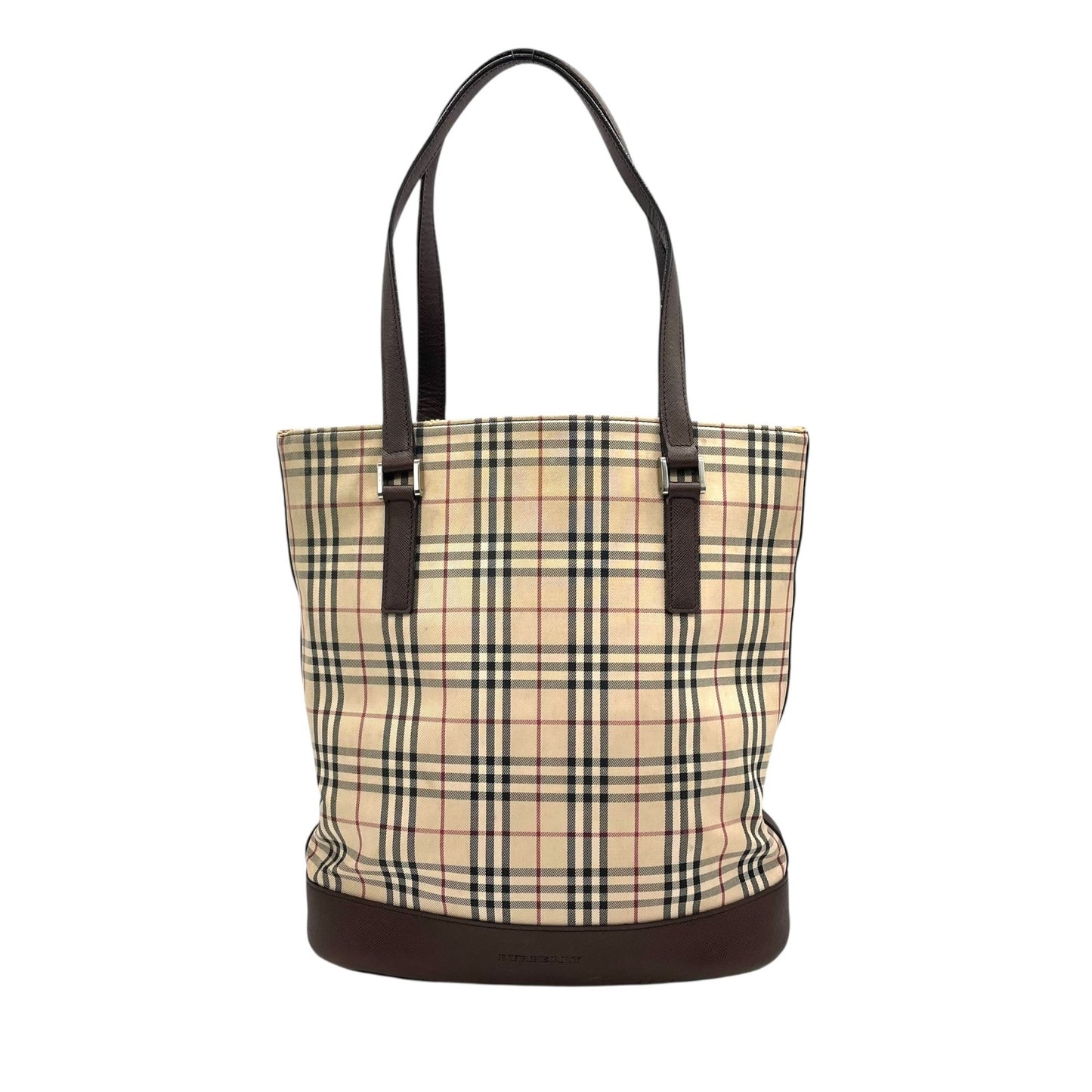 バーバリー BURBERRY トートバッグ ノバチェック キャンバス レザー ベージュ ブラウン 茶 シルバー金具 バケツ型 ロゴ型押し レディース A8