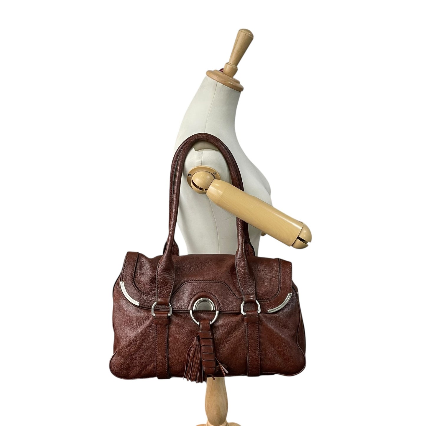 セリーヌ CELINE トートバッグ ハンドバッグ ロングハンドル フラップ 茶色 ダークブラウン レザー タッセル付き シルバー金具 K8